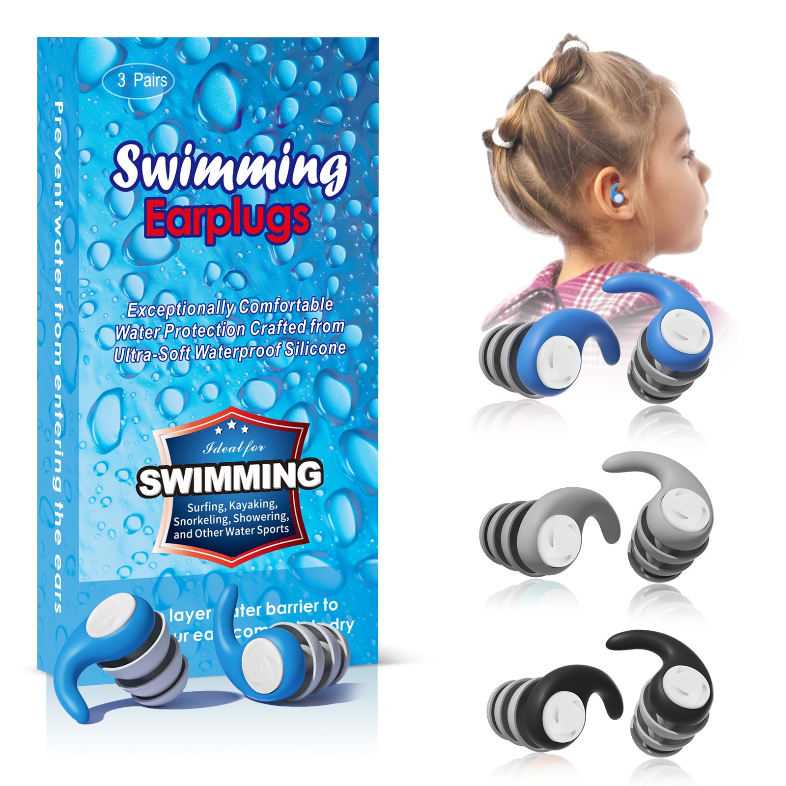 Swimming Ear Plugs for Kids,3 Pairs Waterproof Silicone Swim Earplugs for Swimming Surfing Diving Showering for 5-13 Years Olds Children and Small Ear Teens