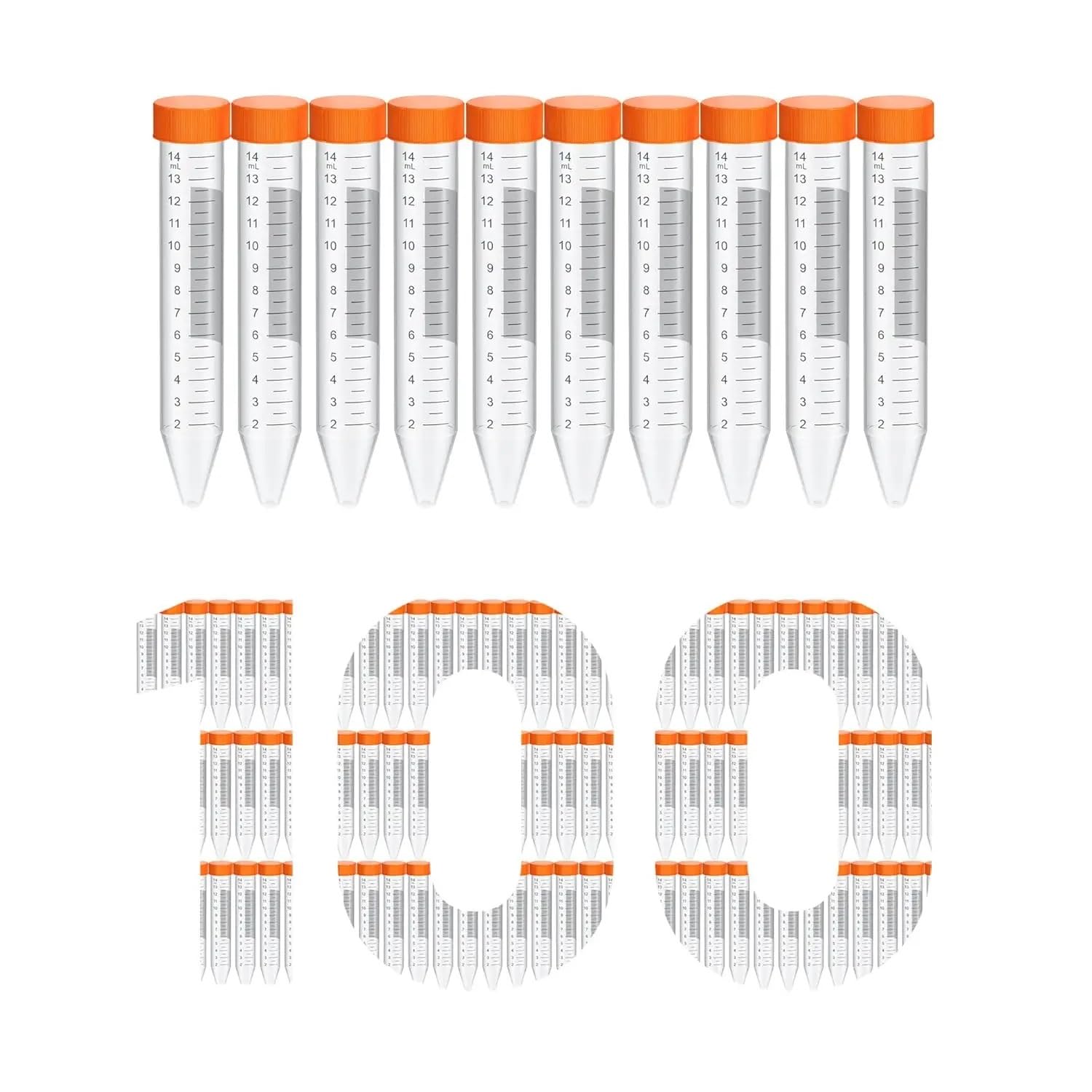 Provette coniche for centrifuga scientifiche da 15 ml, 100 pezzi, provette in plastica con tappi a vite, provette da 15 ml con coperchi, arancioni