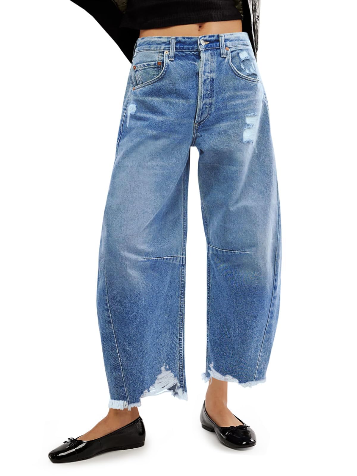 Photo 1 of Allimy Womens Jeans High Waisted Rise Ripped Baggy Loose Fit Ankle Barrel Y2K Boyfriend Horseshoe Raw Hem Wide Leg Jeans for Women Trendy 2026 Denim Capri Pants Blue Size 14