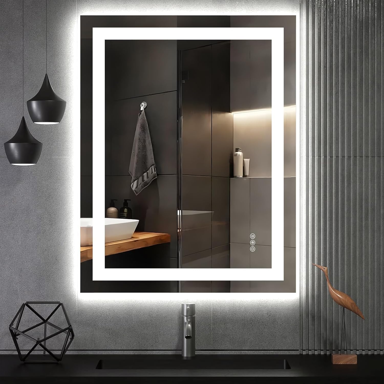 LED Bathroom Mirror, Gradient Front and Backlit LED Vanity Mirror, 3 Colors Dimmable CRI>90 Double Lights, IP54 Enhanced Anti-Fog, Hanging Plates Backlit Mirror Bathroom
