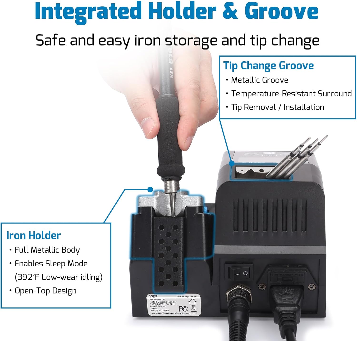 WEP 982 II Precision Soldering Station Kit with 3 C245 compatible Soldering Iron Tip Cartridge, Lead-Free Solder Wire, 4 Memory Channels, Tip Change Groove, Integrated Cleaning Tools