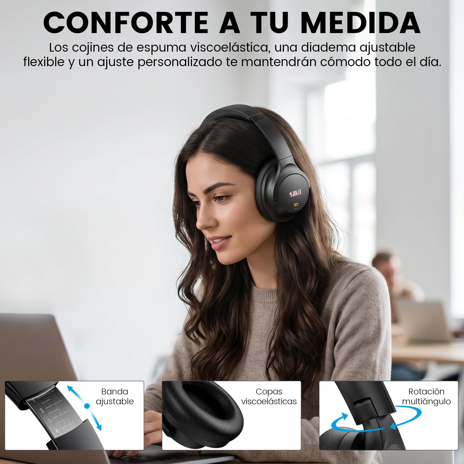1Mii Y8 Cascos Bluetooth 6.0 Inalámbricos con ANC Híbrido, LDAC Hi-Res | Auriculares Diadema con Cancelación de Ruido Activa, 100H Autonomía, Graves Profundos, EQ con App, Plegables y Cómodos