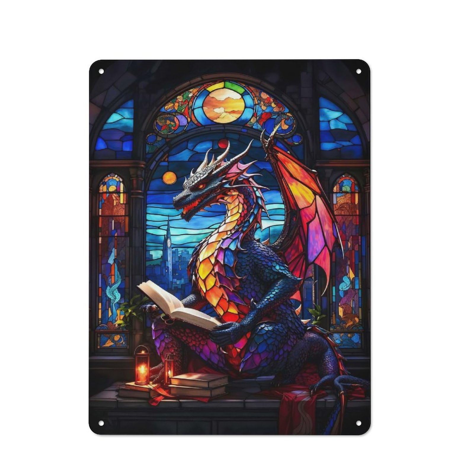 Nostalgic Decorative Tin Sign 40x30cm Featuring Dragon Reading Book, Old Style Wall Plaque for Kitchen, Hallway, Bar Or Small Cafe