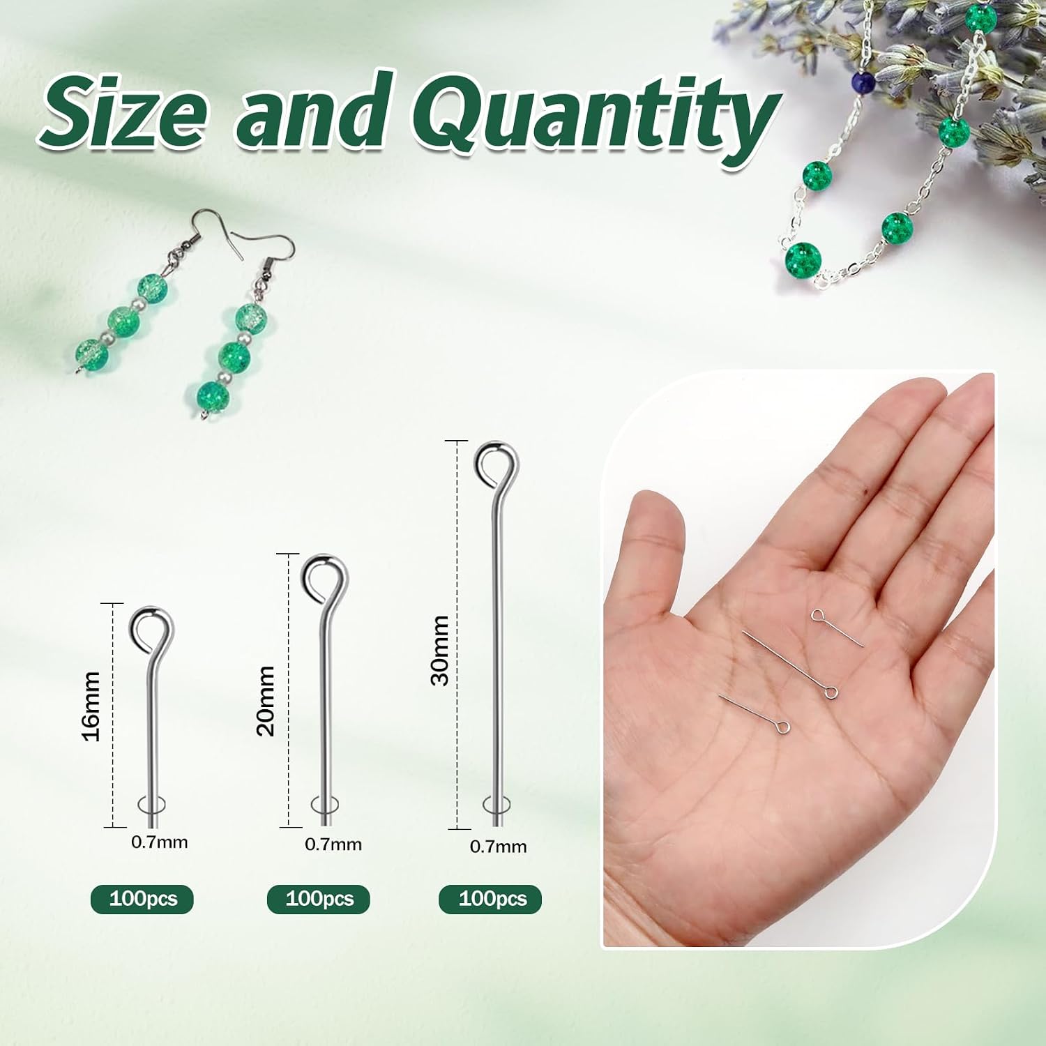 TOAOB 300pcs Stainless Steel Head Pins Long Eye Pins Set for Jewelry Making