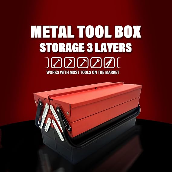 Portable Tool Box Organizer Storage 17 Inch Metal Folding Locking Cantilever Toolbox, 3-Layer 5-Tray Multi-Function Tools Chest Boxes Orange Black