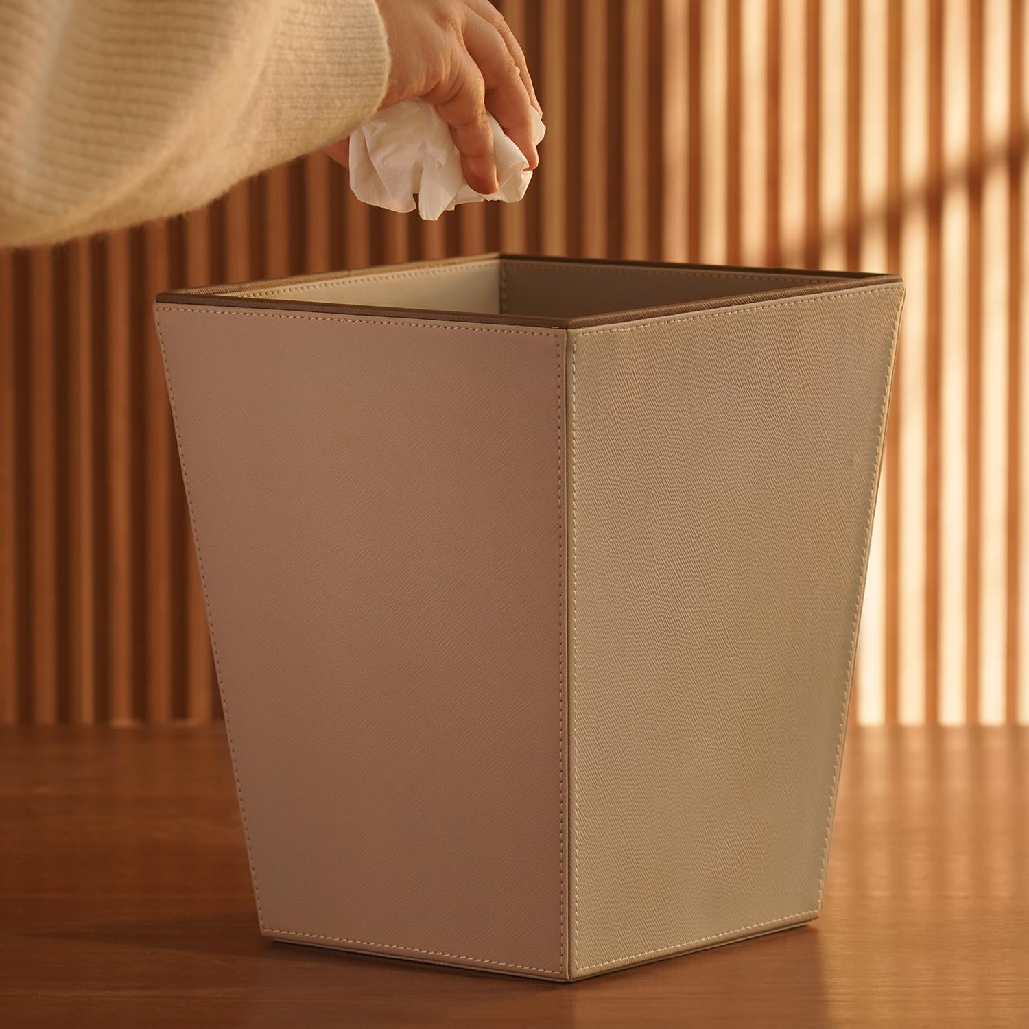PURE HOME + LIVING Beige Faux Leather Two Tone Dustbin, Stylish & Durable Waste Bin for Home, Office & Workspace, Elegant Decorative Trash Can for Living Room, Bedroom, Study & Kitchen (Pack of 1-image-0