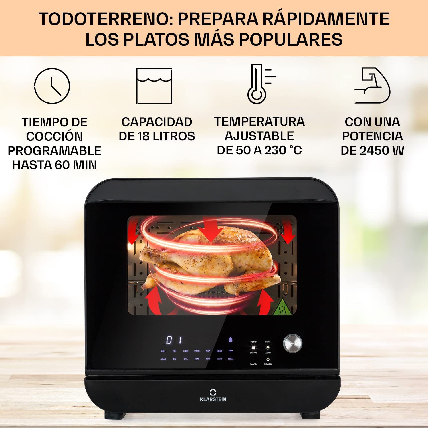 Klarstein Horno Freidora de Aire Caliente, de 2450W de Calentamiento Rápido para Cocina, Freidora Sin Aceite Compacta, Capacidad 18 l.., Fácil Limpiar, Freidoras Compactas, Air Fryer 10 Programas
