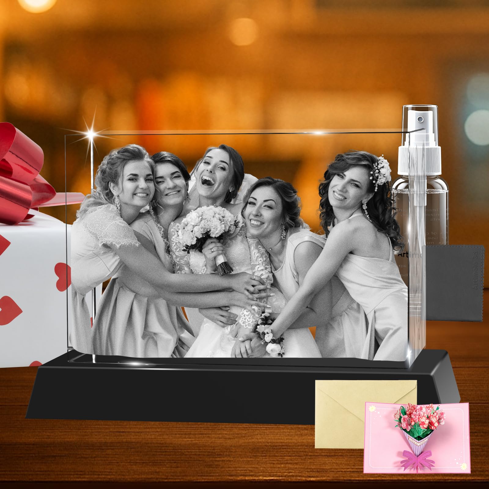 Custom 3D Crystal Photo Rectangle XL (Landscape) – Premium: Multicolor LED Base, Gift Wrap & 3D Card; Ready to Gift