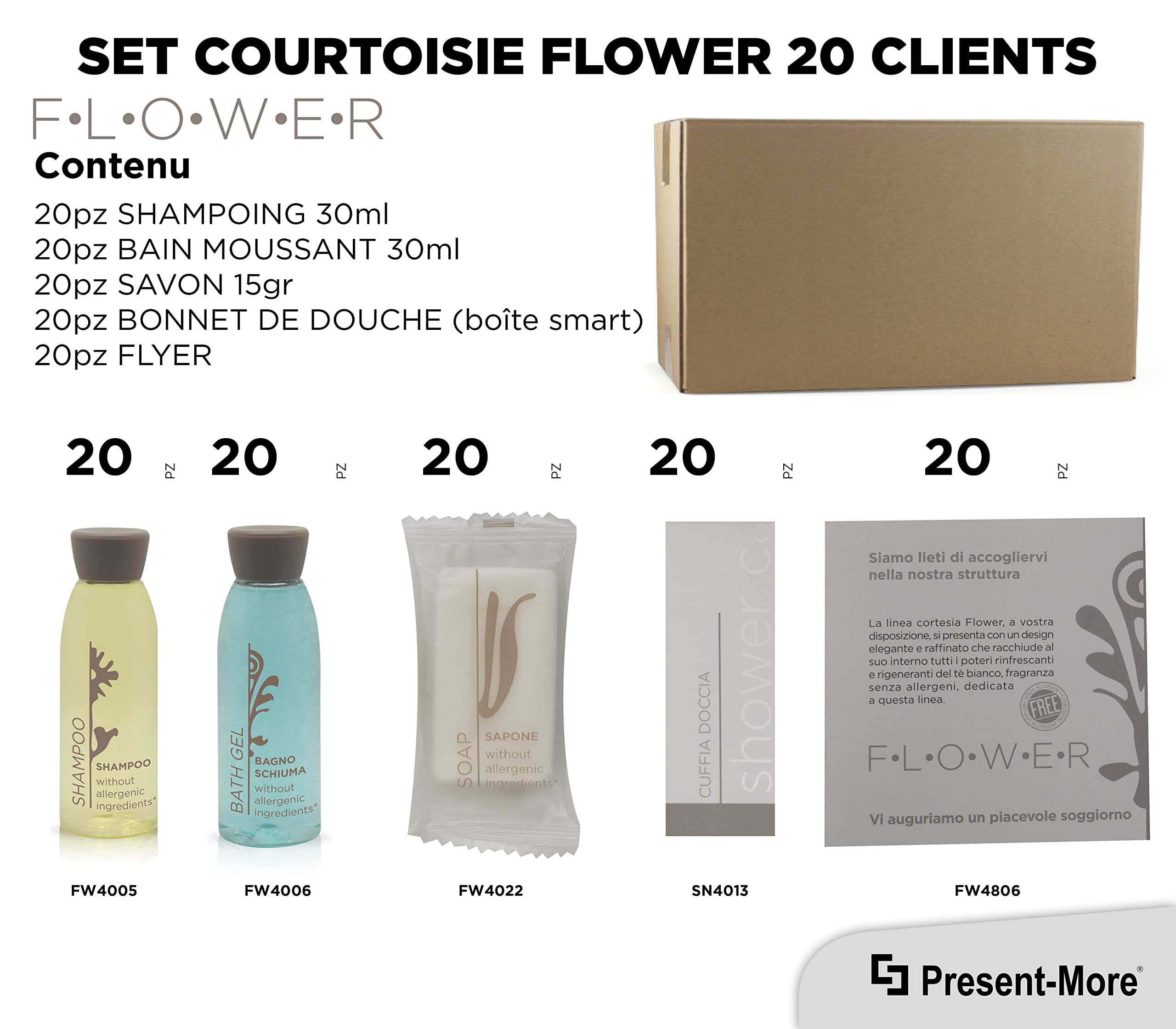 PRESENT-MORE - Kit Accueil 20 Invités Flower - Parfum Thé Vert - Contenu: Shampooing, Gel Douche, Savon et Bonnet de Douche - Pour Hôtels et B&B