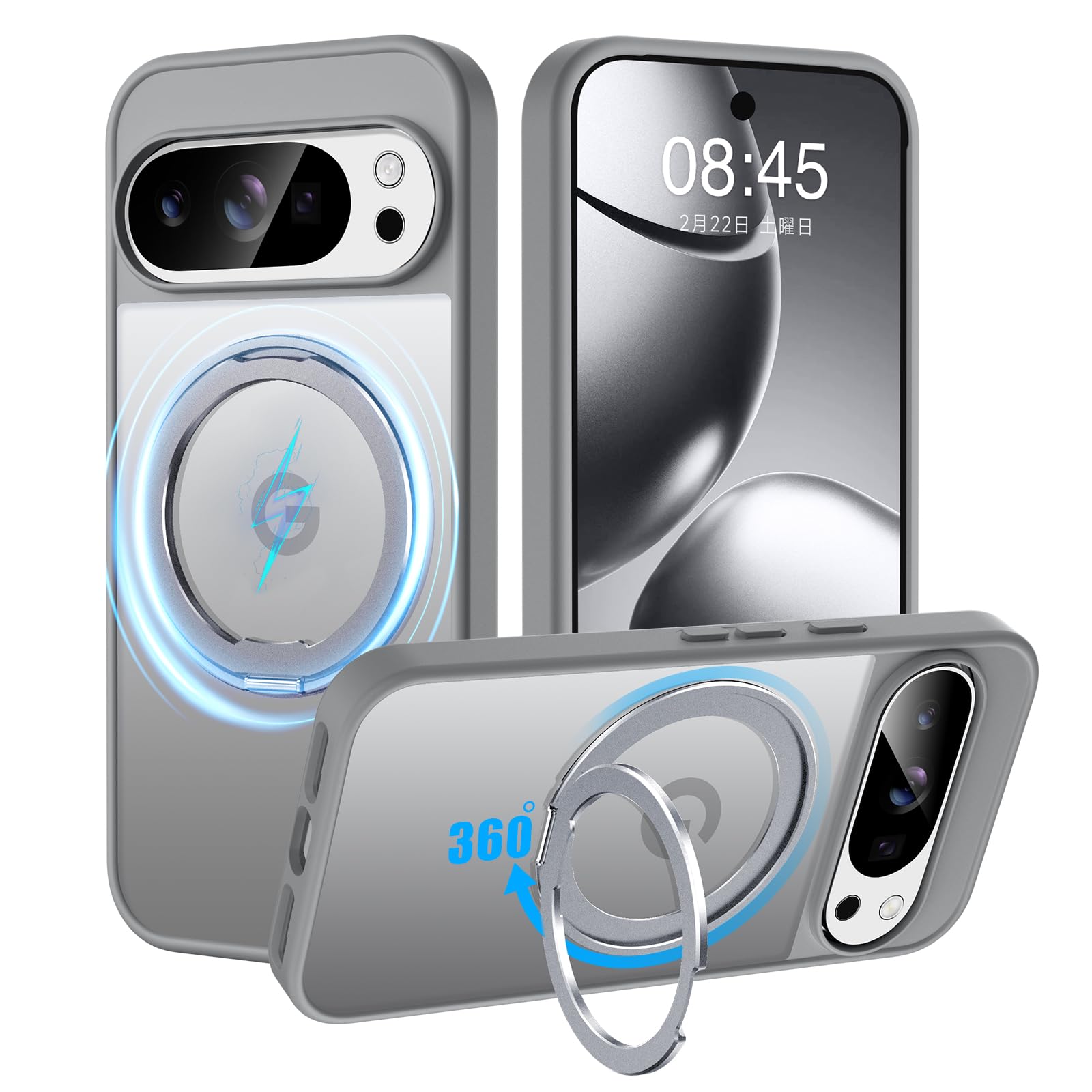 【米軍MIL規格・MagSafe対応】Google Pixel 10 Pro XL/Pixel 11 Pro XL ケース リング360°回転スタンド 縦横両対応 半透明 黄ばみ防止 耐衝撃 レンズ保護 ワイヤレス充電対応 マグネット搭載 車載ホルダー対応 6.8インチ スマホカバー おしゃれ (グレー)