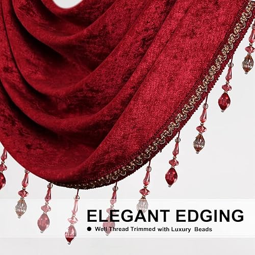 Miniatura 3 de ELKCA Cenefa de cascada de chenilla color rojo burdeos para sala de estar, cenefa de 3 festones huecos para festivales, vacaciones, cortinas de