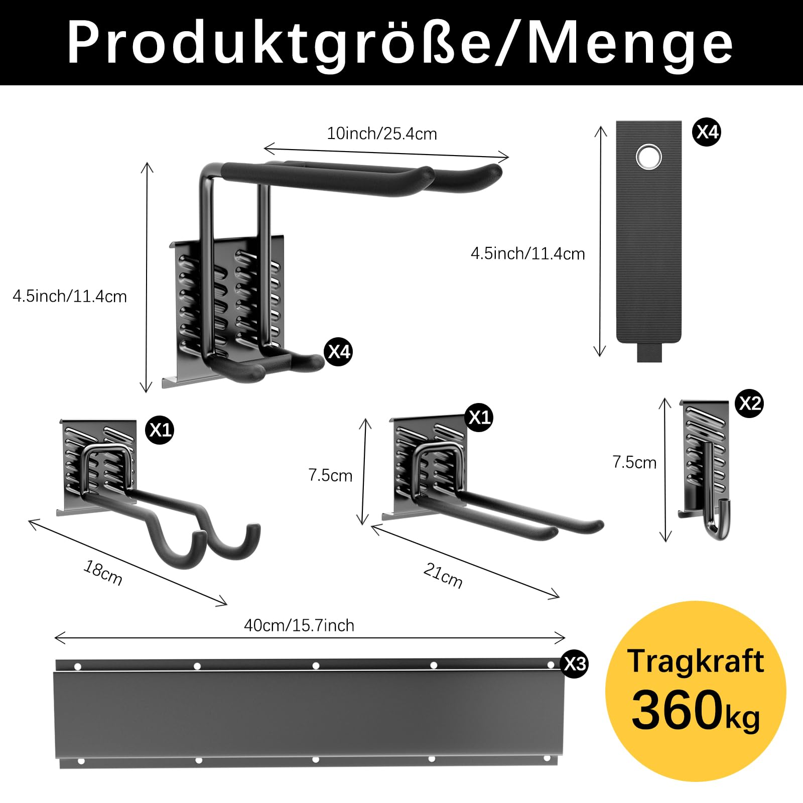 Porta Attrezzi da Giardino1 Regolabile 120 cm, Scaffalatura Multifunzione da Parete, Supporto a Parete per Attrezzi da Giardino - con 3 Binari e 8 Ganci per Garage, Giardino, Cantina, Cortile (Nero)