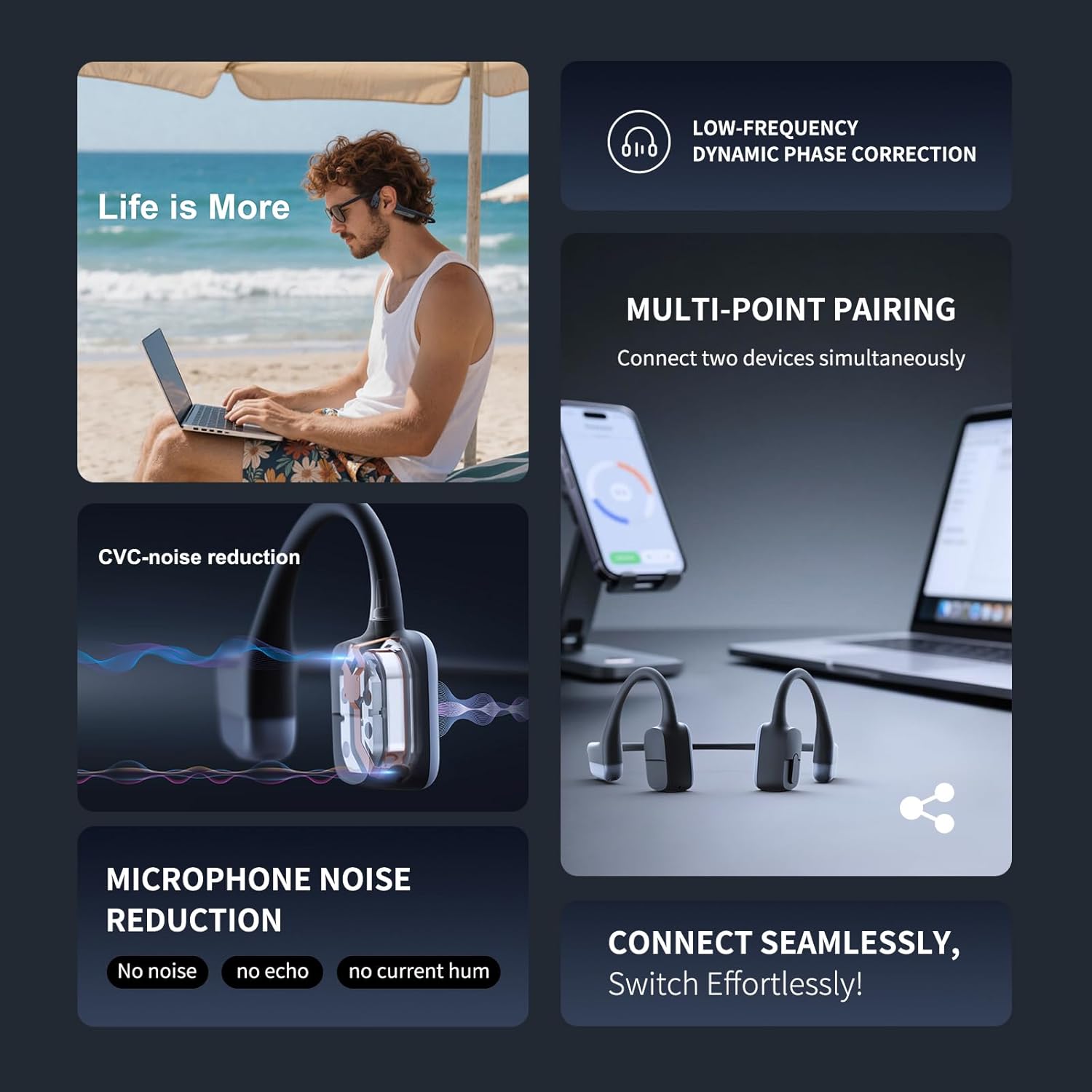 Open-Ear Bluetooth Sport Headphones Grey, Bone Conduction Wireless Earphones