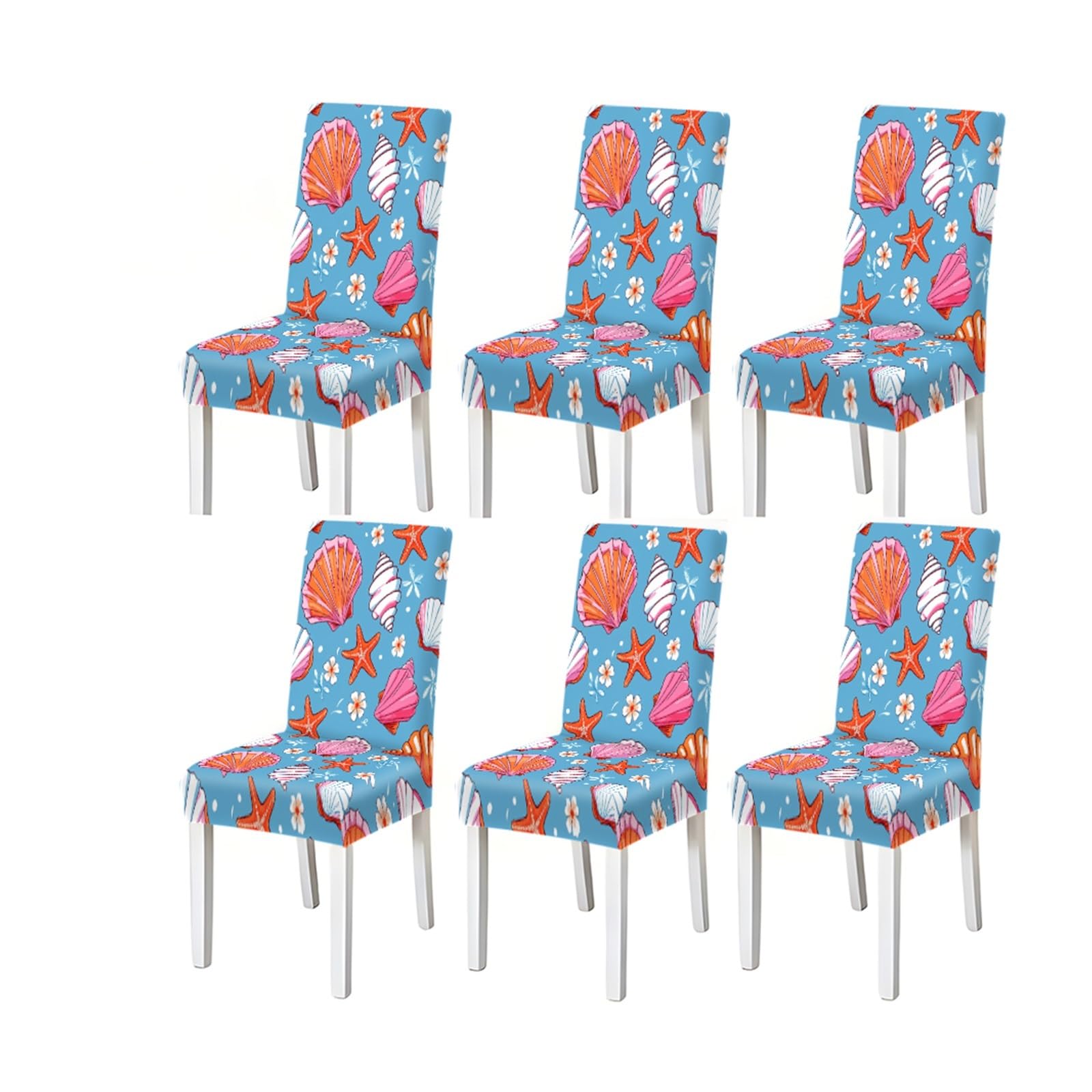 FZJKGH Seashell Starfish Coastal Pattern Print Dining Chair Covers Set Of 2/4/6, Stretch Slipcovers For Kitchen Dining Room Removable Stretch Slipcovers for Dining Chairs(6PCSChair cover)