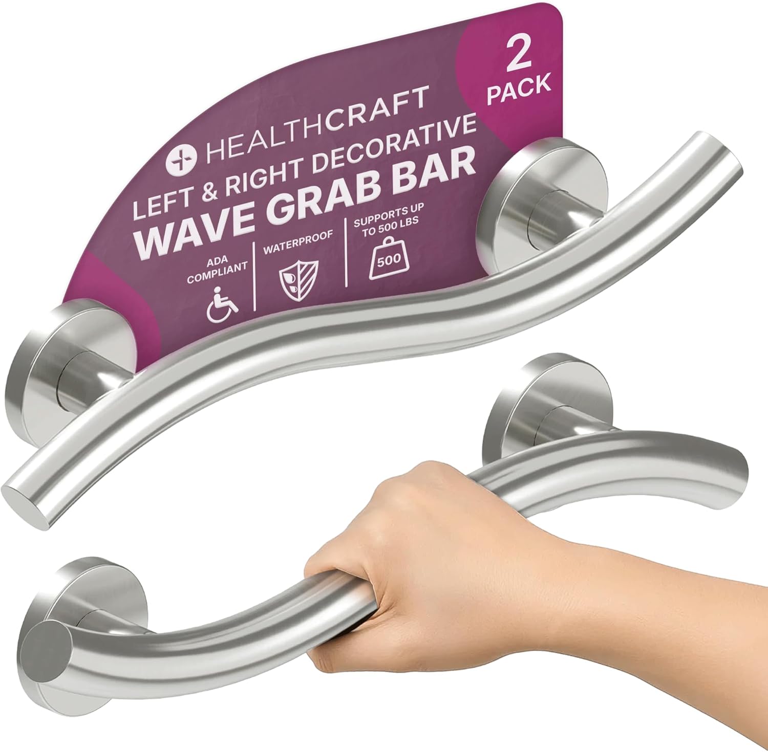 HEALTHCRAFT Wave Decorative Grab Bars, ADA Compliant Bathroom Safety Bars for Seniors, Wall-Mounted, Supports Up to 500 lbs (Brushed Stainless Steel, 18 Inch)
