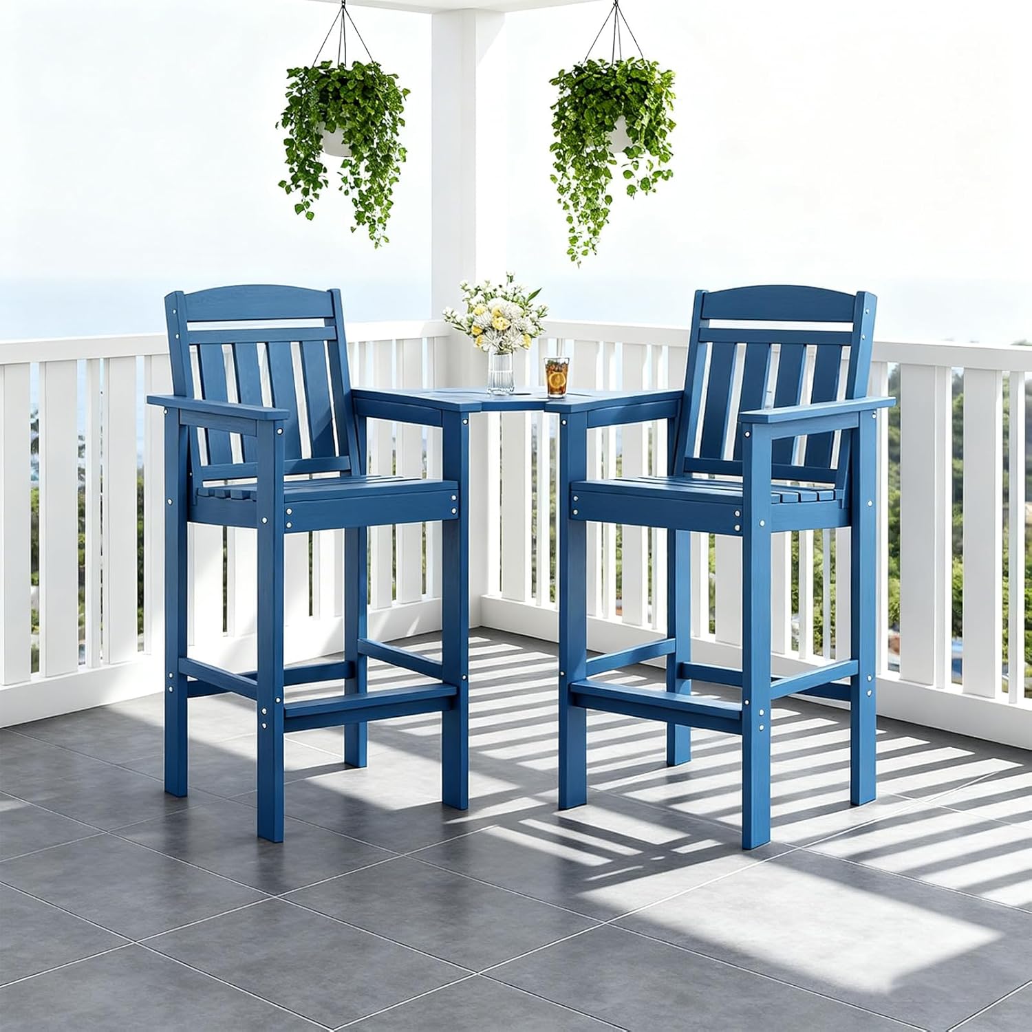 Tall Adirondack Chairs Set of 2 with Connecting Tray,Bar Height Adirondack Chair Patio Barstool,Ideal All Weather Tall Patio Chair for Balcony,Poolside,Backyard (2, Navy Blue)