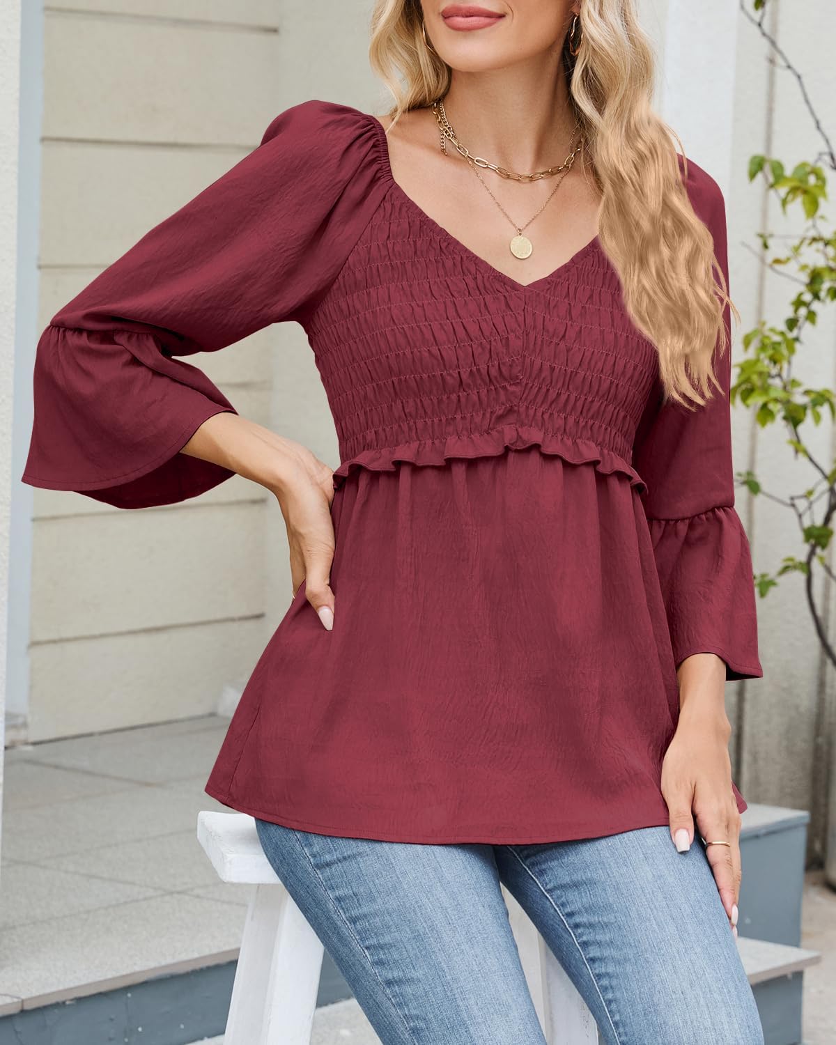 Womens Ruffle 3/4 Sleeve Babydoll Tops V Neck Peplum Blouse Smocked Loose Fit Tunic Top Bell Sleeve Dressy Tee Shirts - Image 5