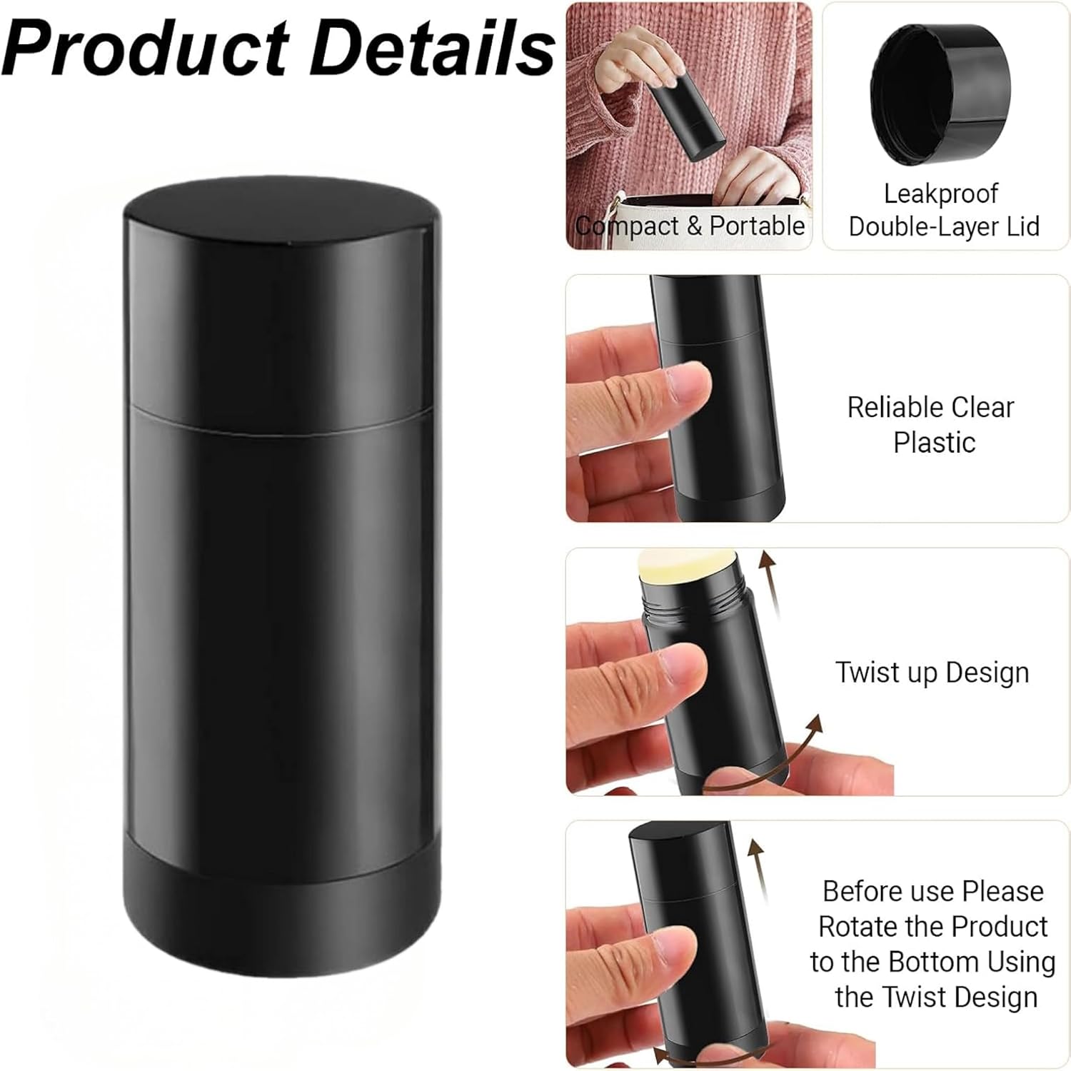 meleg otthon 10 Pcs Empty Deodorant Containers 2.5 oz/75 ml Twist Up Refillable Deodrant Containers Leak Proof Black Deodorant Bottles Round Lip Balm Tubes for DIY Lipstick Crayon image 3