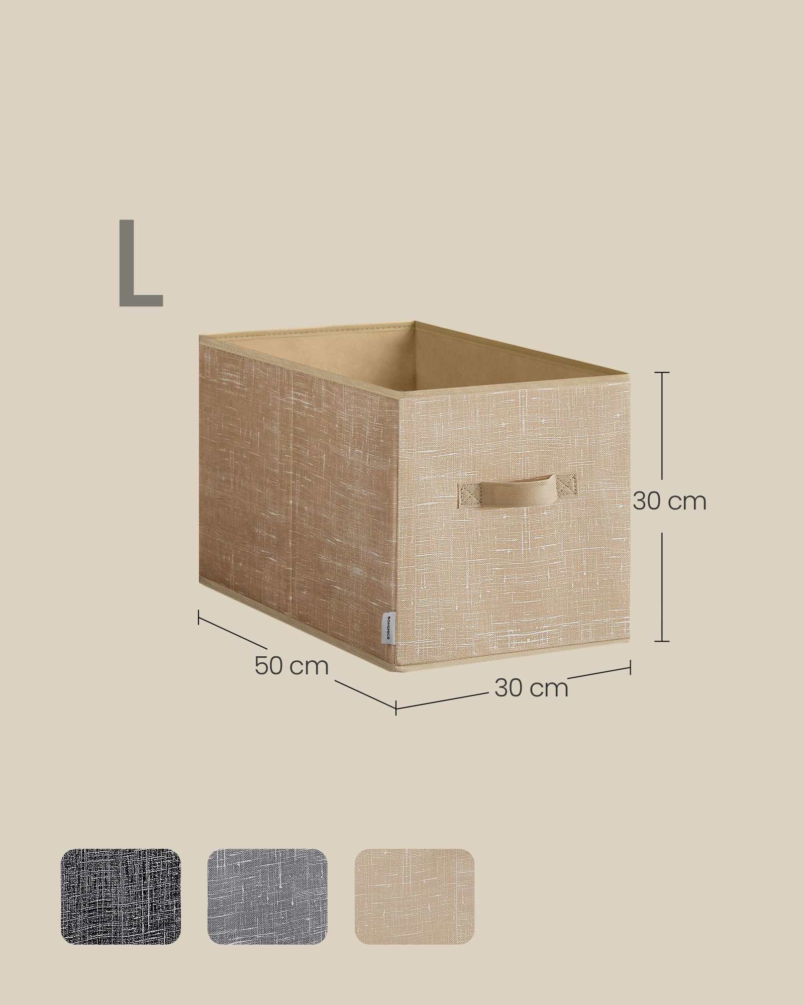 SONGMICS Zestaw 3 pudełek do przechowywania, składane, pudełka z tkaniny, 50 x 30 x 30 cm, do szafy, 2 uchwyty, etykieta, do sypialni, salonu, piaskowy beż ROB450K01