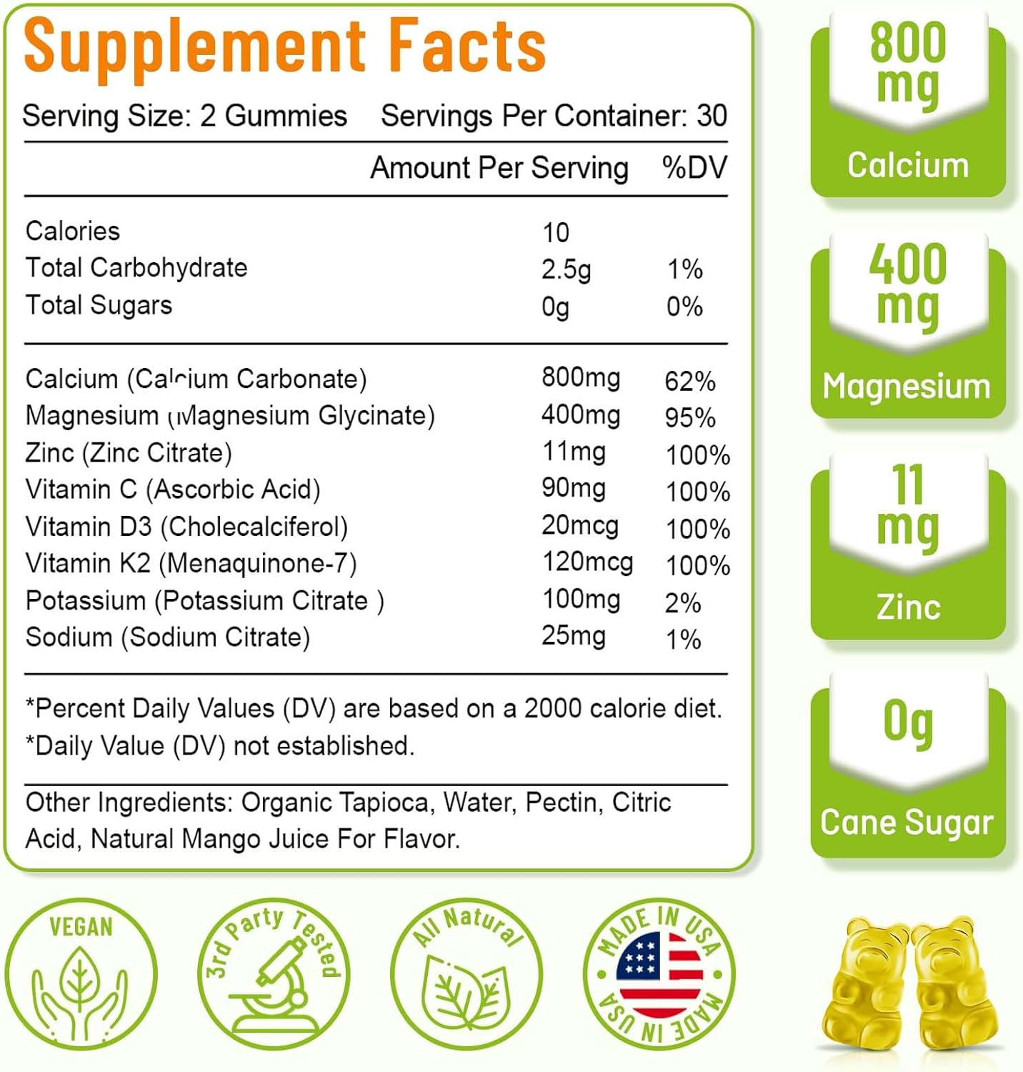 High Absorption Calcium Gummies, Calcium Magnesium Zinc with Magnesium Glycinate, Potassium, Vitamin D3 for Women & Men- Mango Flavor 120 Cts