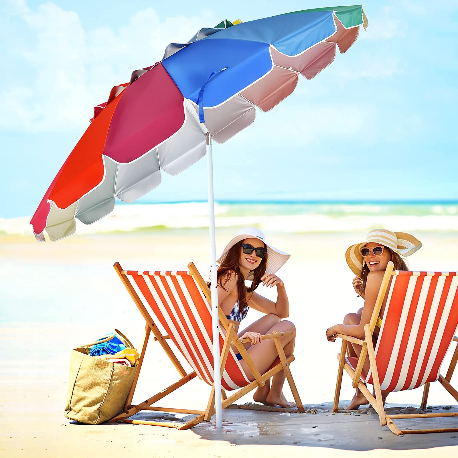 GOPLUS Sombrilla Playa Grande con 16 Varillas(Arcoíris, φ245 cm) | Parasol Terraza Exterior con Protección UV, Ventilación, Antiviento, UPF50, Sombrilla Inclinable para Piscina