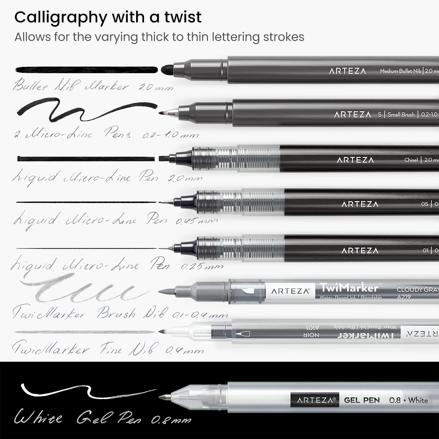 Arteza Hand Lettering Pens, 12-Piece Calligraphy Set for Beginners, 5 Micro-Line Pens, 2 TwiMarkers, Gel Pen, Bullet Marker, Pencil, & Eraser, Art Supplies with a Guidebook : Office Products