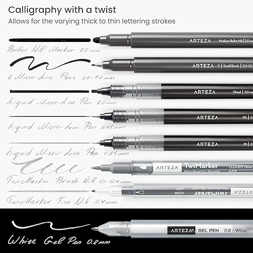 Miniatura 6 de ARTEZA Juego de 12 bolígrafos de mano para caligrafía y pincel con guía, lápiz, borrador para principiantes que aprenden letras a mano y escritura