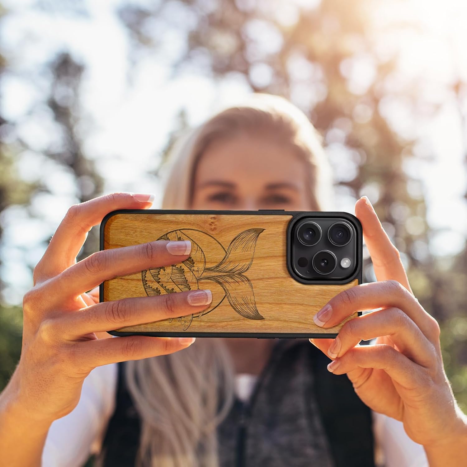 Carveit Magnetic Wooden Case for iPhone 16 Pro Max Case, Wood Artisan Engraved & Black Soft TPU Shockproof Cover, Compatible with MagSafe Wireless Chargers (The Whale's Tail) Cherry
