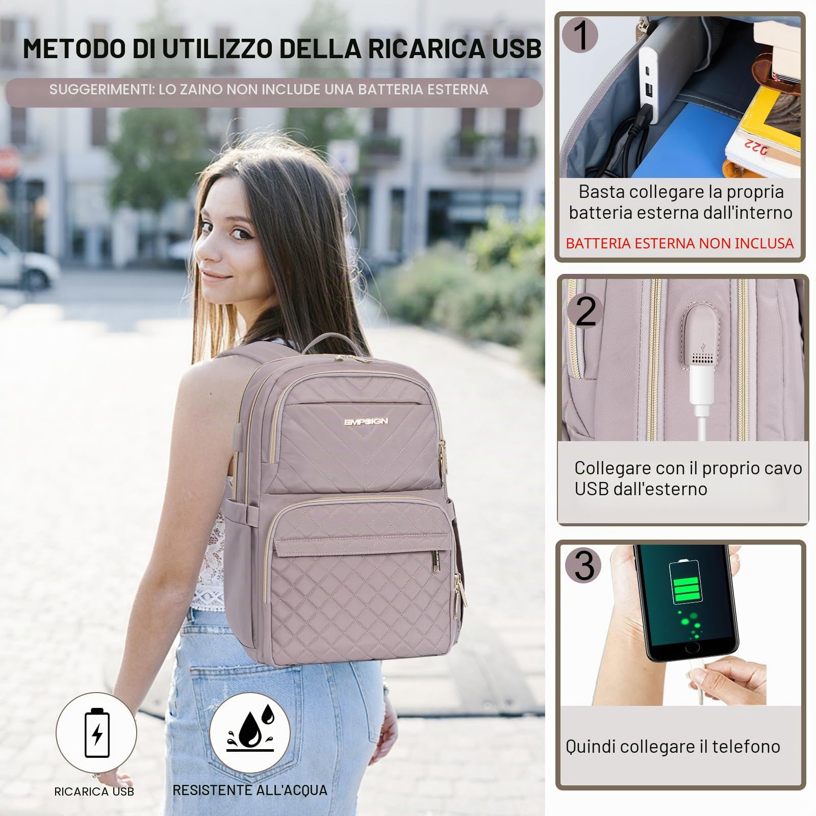 EMPSIGN Zaino Donna 15,6 Pollici con Porta USB, Impermeabile per Scuola, Università, Lavoro, Viaggio e Tempo Libero, Rosa