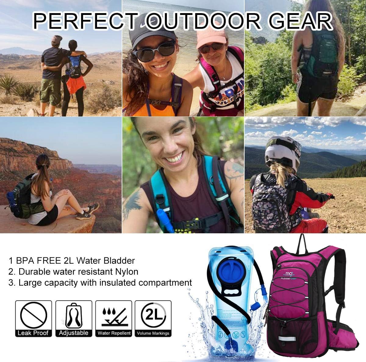 Mochila de hidratación aislada con bolsa de 2 litros sin BPA, mantiene el líquido fresco hasta 5 horas, para correr, senderismo, ciclismo, camping