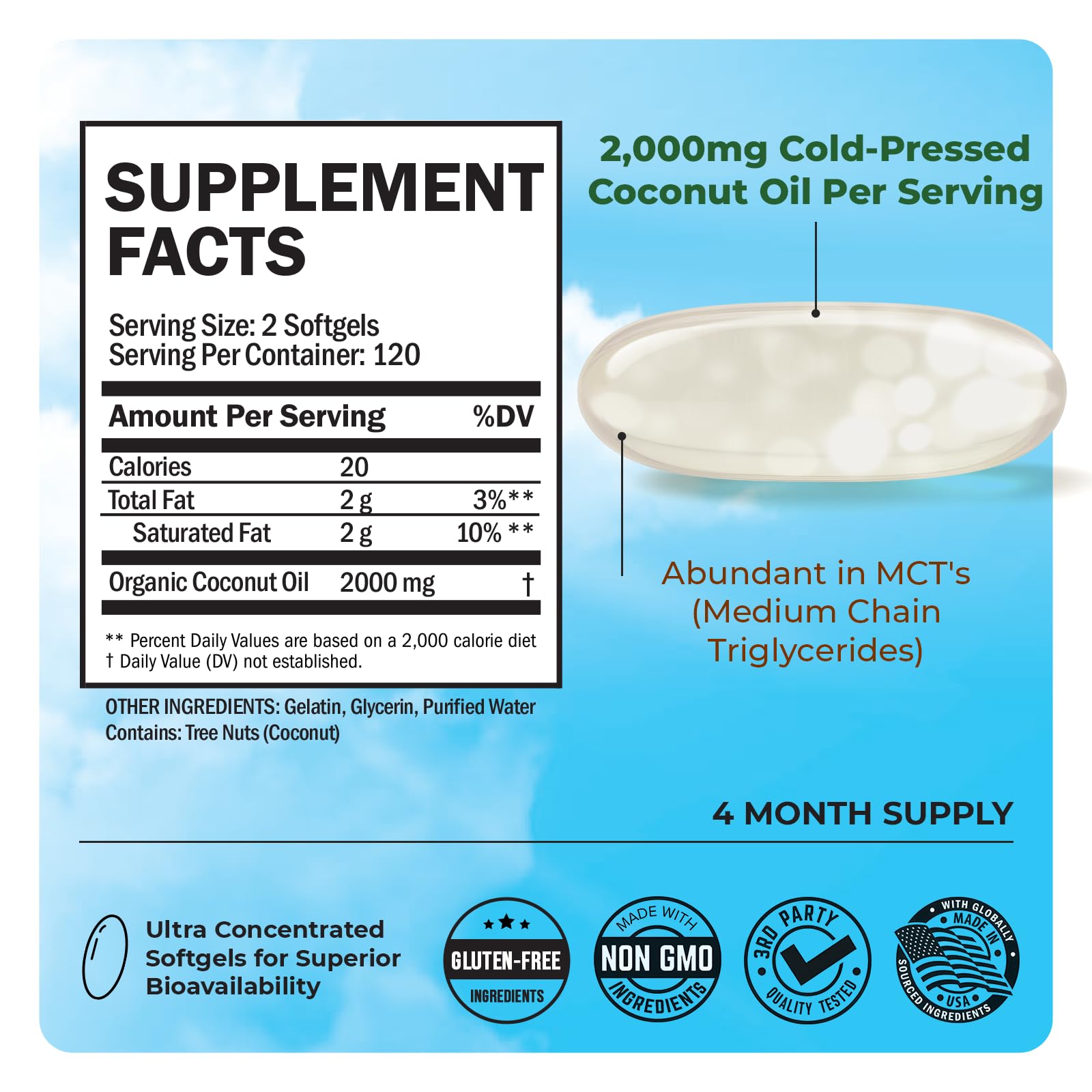 Organic Coconut Oil Capsules 2000mg, 240ct, 4 Month Supply — Amazon image 4