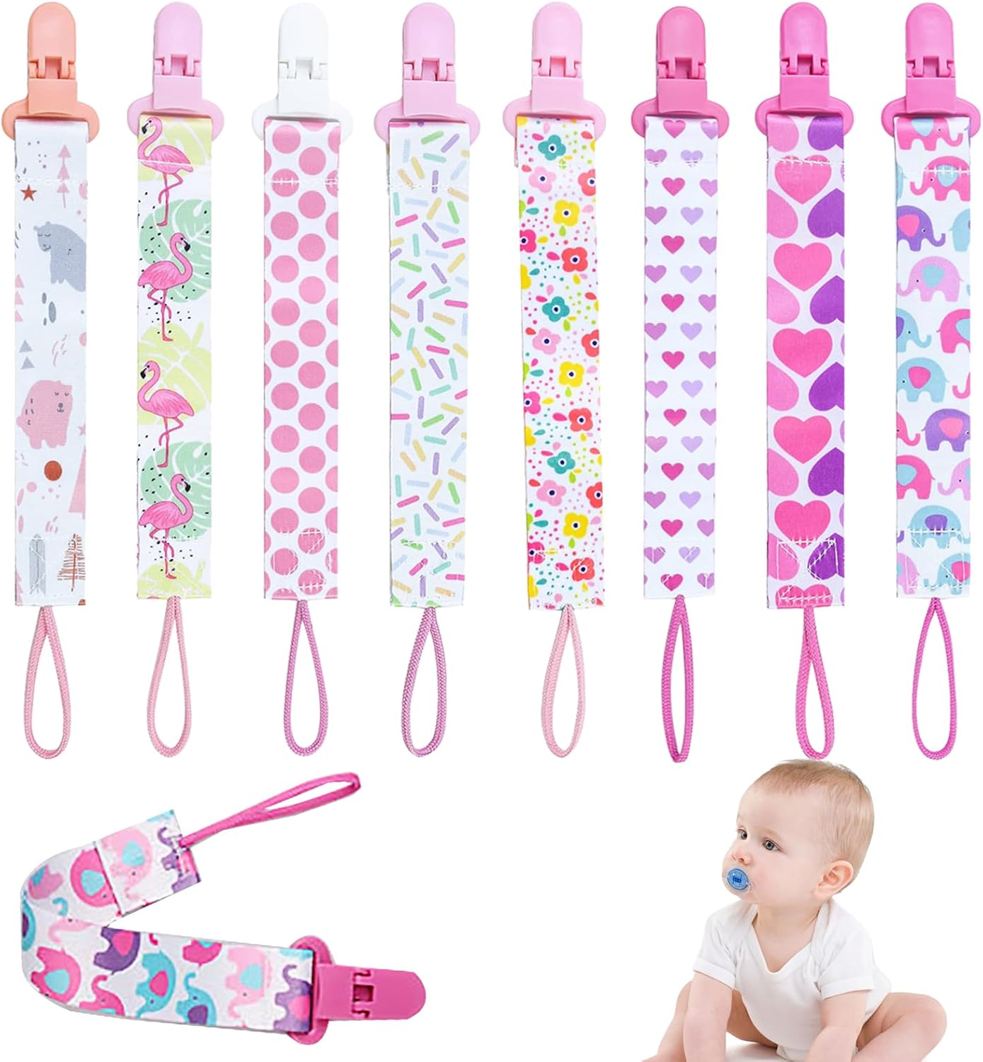8Pcs Dummy Clip Girls, Baby Pacifier Clips Soother Clip Chains Dummy