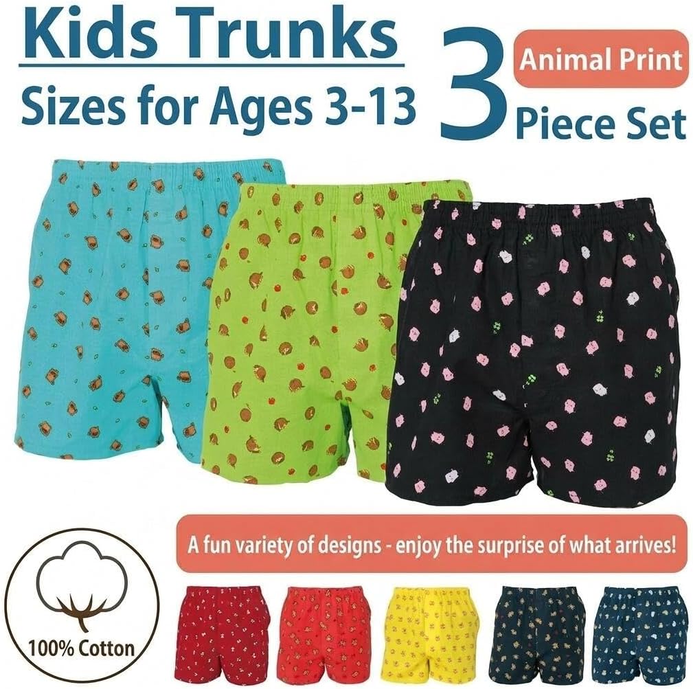 Y's factory Boys’ Boxer Shorts – Animal Print, Assorted 3-Pack, Front Open Fly, 100% Cotton, Soft & Breathable Kids Underwear