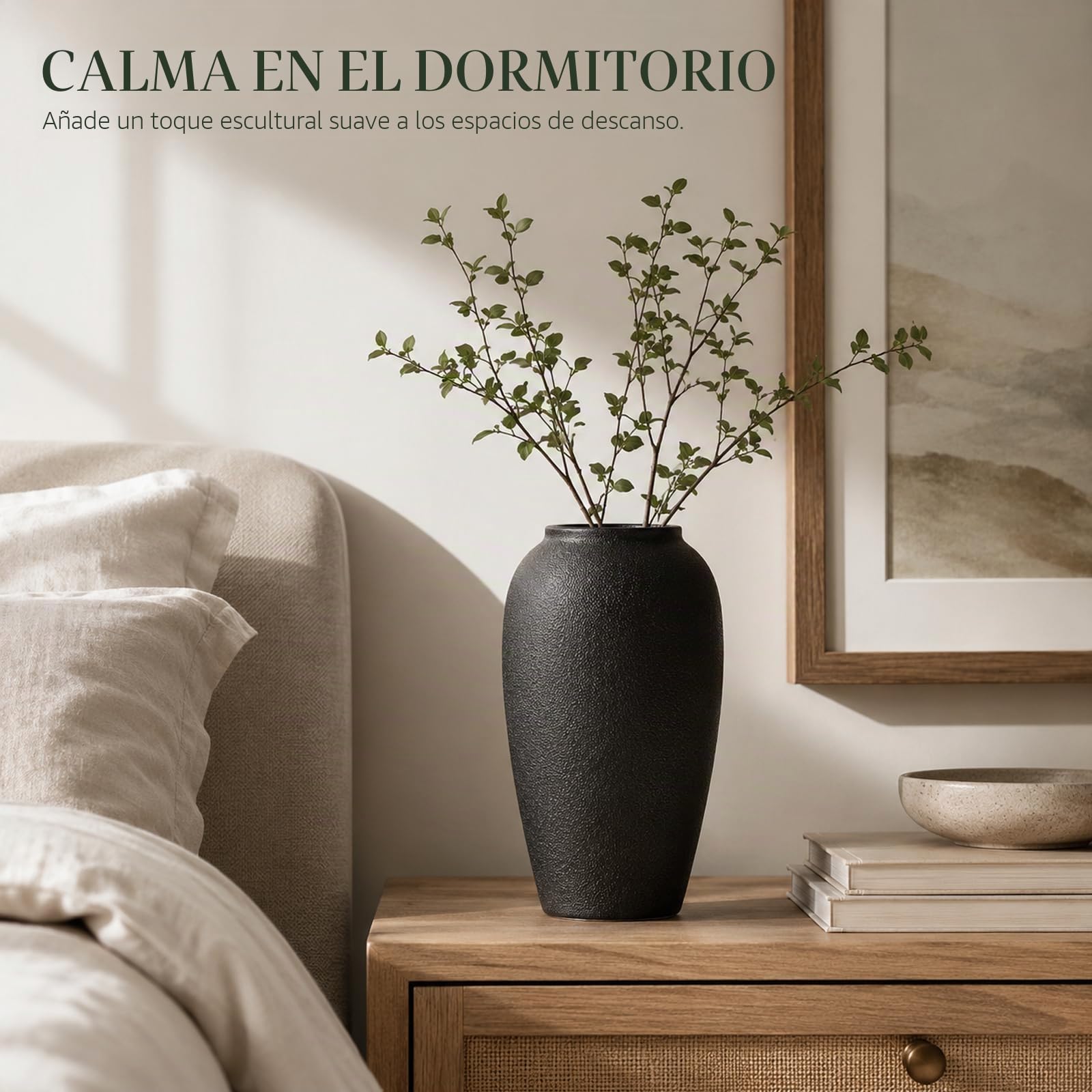 Jarrón de cerámica rústico – Jarrón grande de cerámica negra de 13.8 pulgadas para decoración del hogar, jarrón moderno de terracota para sala de estar, entrada, cocina, jarrones negros para centros