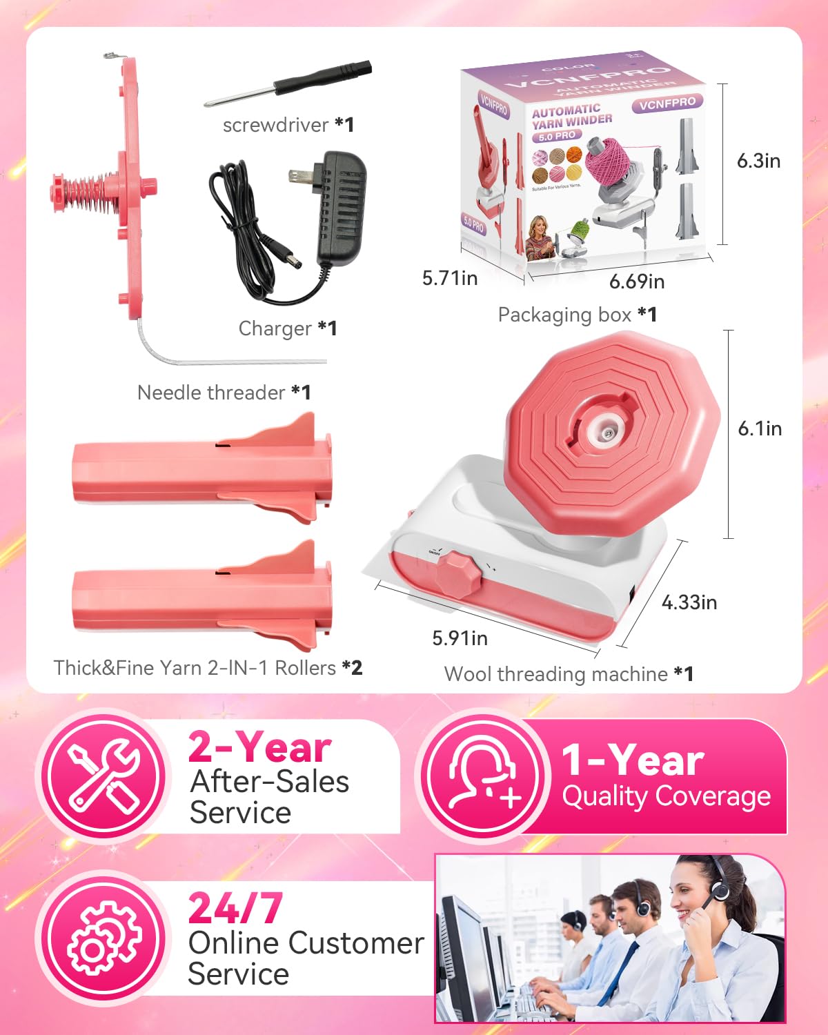 5.0 Upgraded Electric Yarn Winder【Top1 RPM German Motor】【SGS-Grade Precision Gears】Wool Yarn Ball Winder Compact Automatic for Crocheting Super Strong Tension, Ideal for Home and Studio (Pink White) — view 8