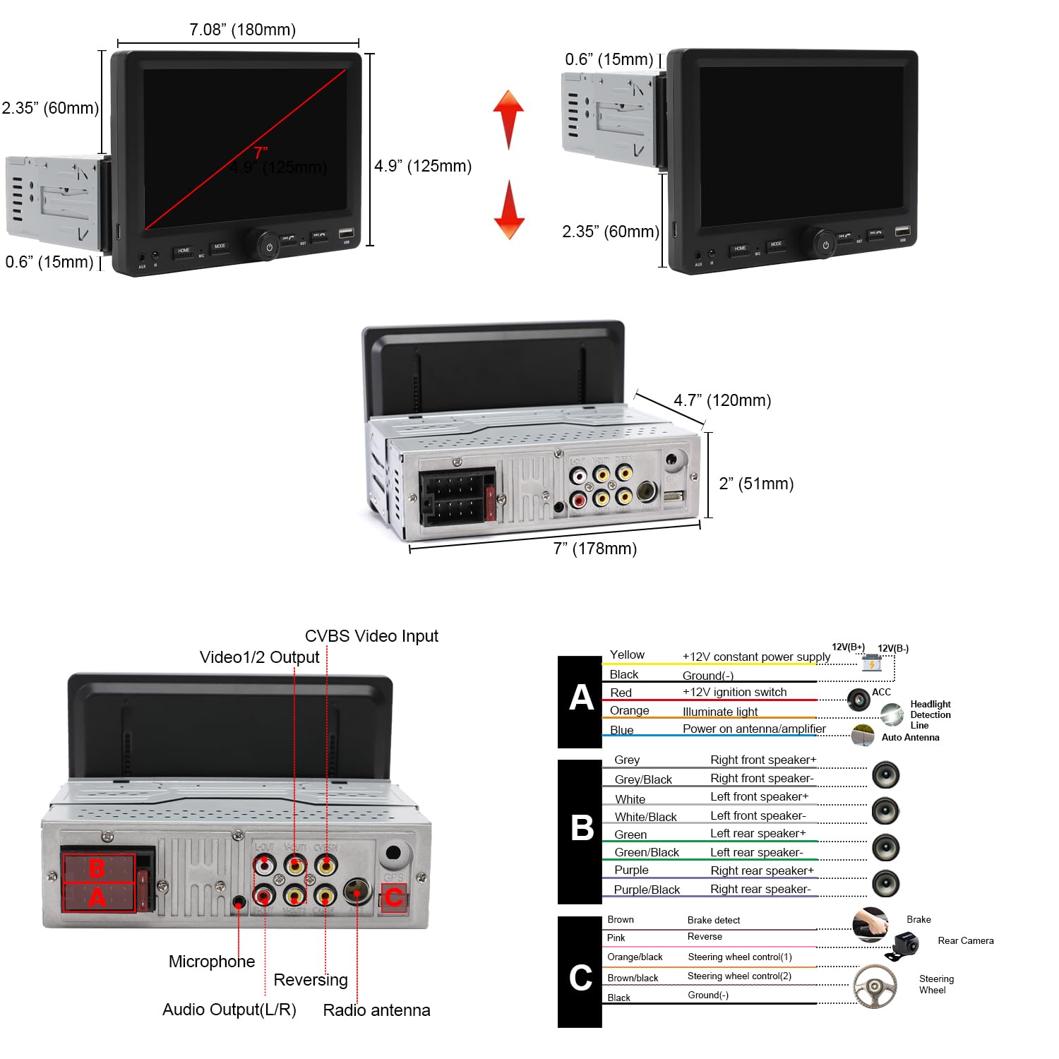 Autoradio 1Din mit 7 Zoll einstellbar Bildschirm, Kompatibel mit [Wireless] Apple CarPlay/Android Auto Bluetooth Typ-C USB(3A Schnellladung) AM/FM/RDS Radio Rückfahrkamera AUX SD
