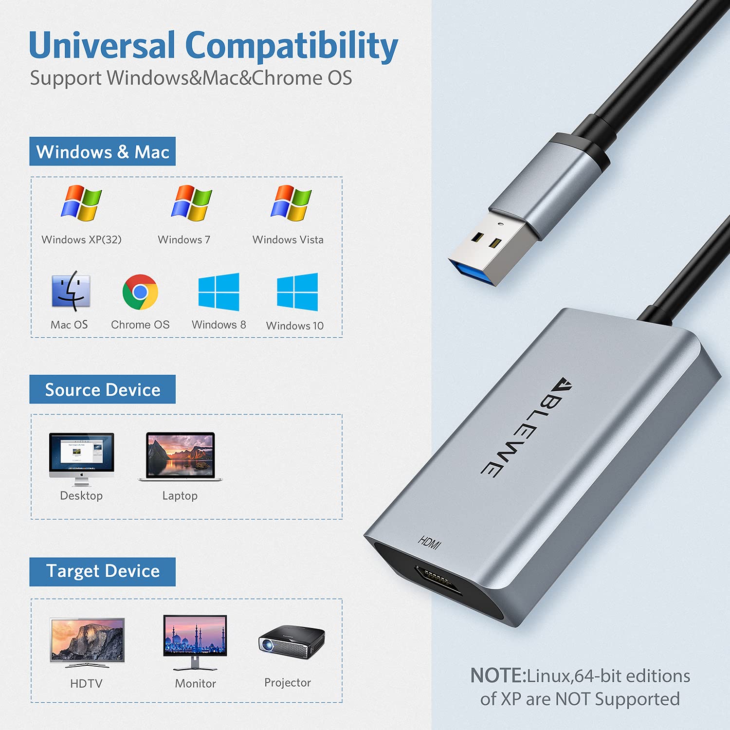 ABLEWE Adattatore da USB 3.0 a HDMI, cavo convertitore da HDMI a USB audio video grafico per PC, laptop, monitor, proiettore, TV, supporta Mac OS, Windows 10/8.1/8/7