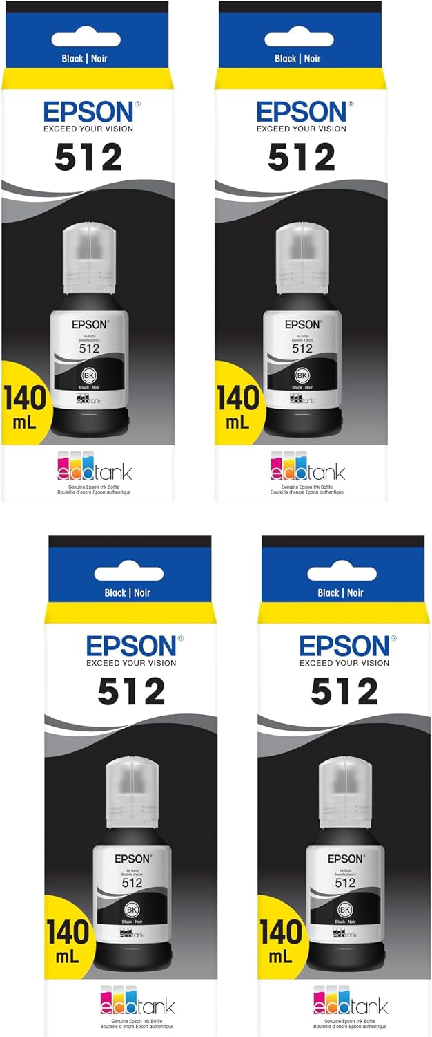 Epson 512 EcoTank Ink Ultra-high Capacity Bottle Black (T512020-S) Works with EcoTank ET-7700, ET-7750 (Pack of 4)