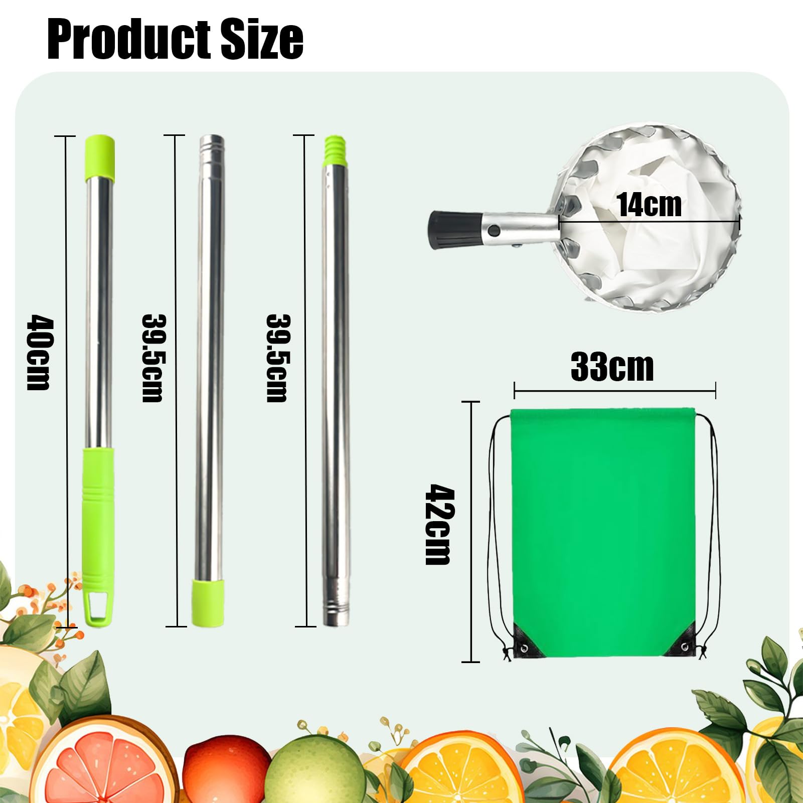 Raccogli Frutta Telescopico 2.2m Raccoglifrutta Raccogli Frutta con Manico Telescopico per Raccogliere Mele Ciliegie Pere Pesche con Sacchetto di Cotone Ø16 cm.
