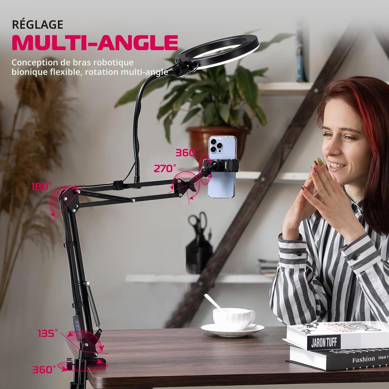 Ring Light avec Support de Téléphone, ULANZI 10“ Anneau Lumineux avec Bras Articulé Telephone, 3 Températures de Couleur(3000-6000k), 10 Luminosités Lampe Annulaire Réglable (Noirs)