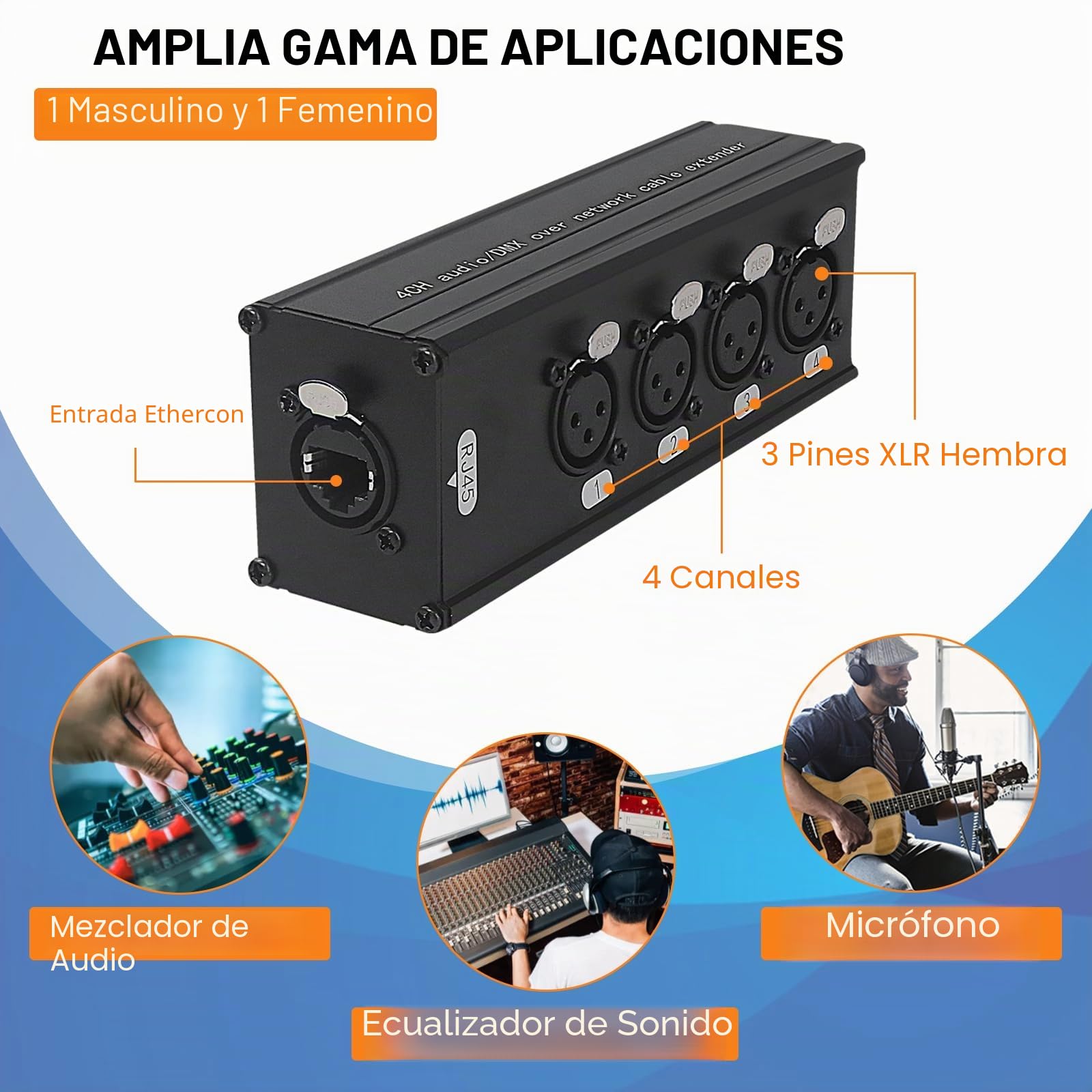 Multi Network de 4 canales, XLR macho y hembra de 3 pines a canales Ethercon, extensor de cable DMX sobre red, extensor compatible RJ45 Cat5/Cat6 Ethernet (1 par: 4 machos + 4 hembras)