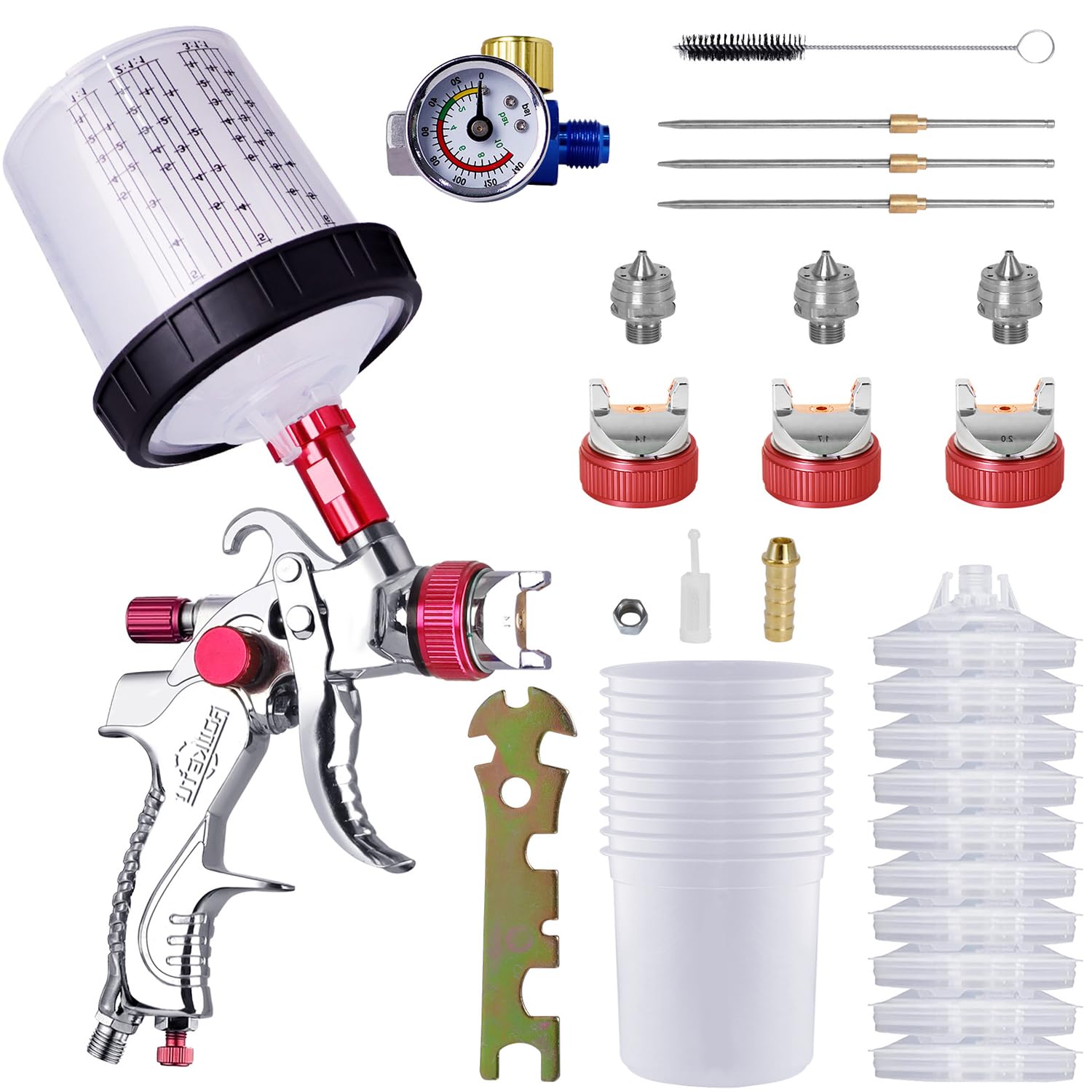 Pistola per Verniciare Pneumatica con 10 Tazze Colorate - Pistola a Spruzzo per Verniciare per Carrozzeria Auto, Kit Completo con 3 Ugelli e Manometro (Rosso)