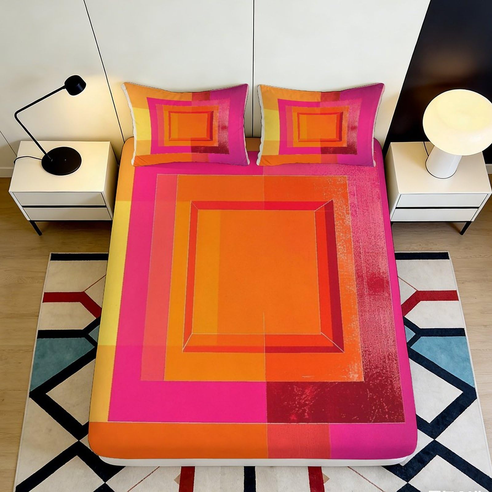 3D Printed Geometric Pattern Fitted Sheet Microfiber Vibrant Orange Pink Bed Sheet with 3D Printed Square Design Mattress Cover for Bedroom Dormitory Guest Room 120x200x25cm