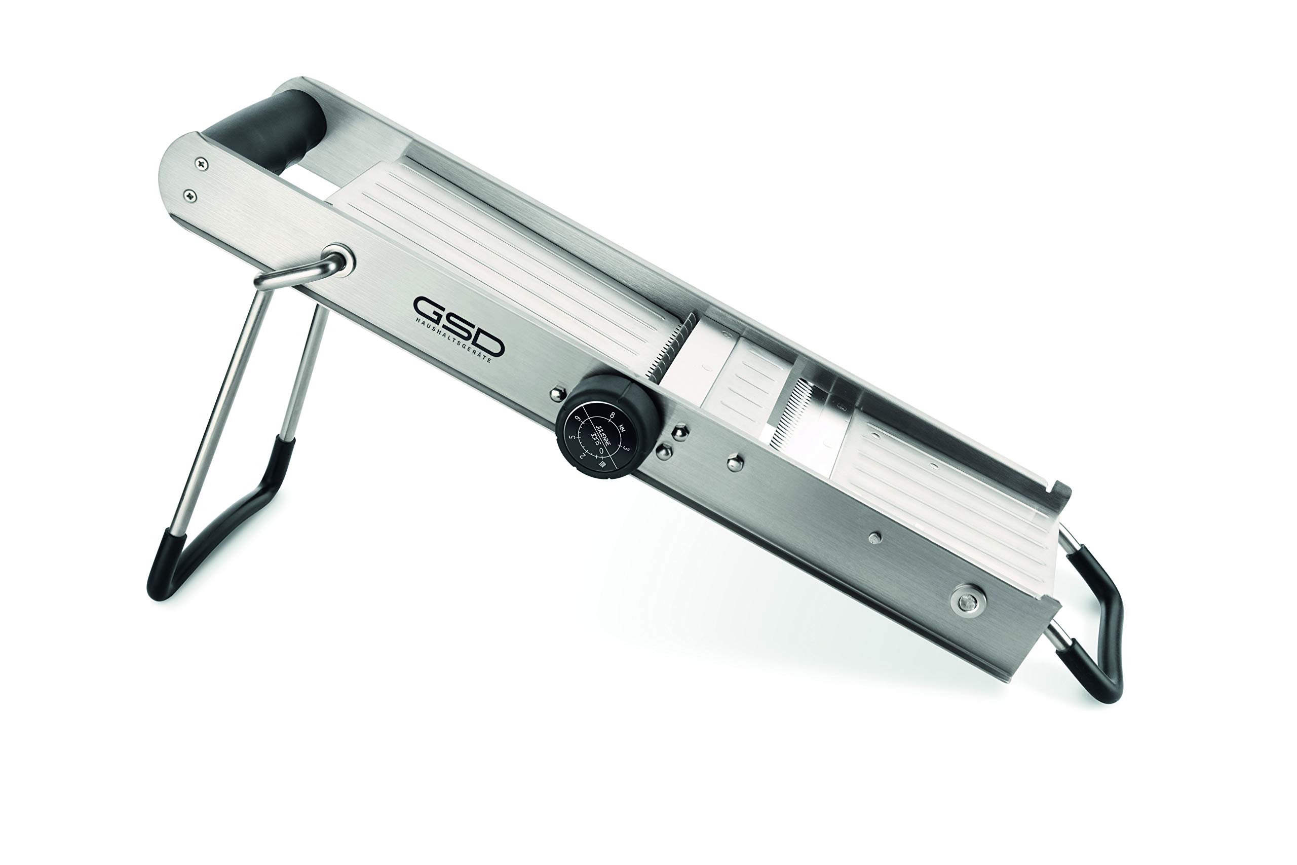 GSD 30060 - Mandolina profesional, acero inoxidable/plástico plateado, con soporte ergonómico y patas de goma, medidas: 46 x 15,5 x 24 cm, metal