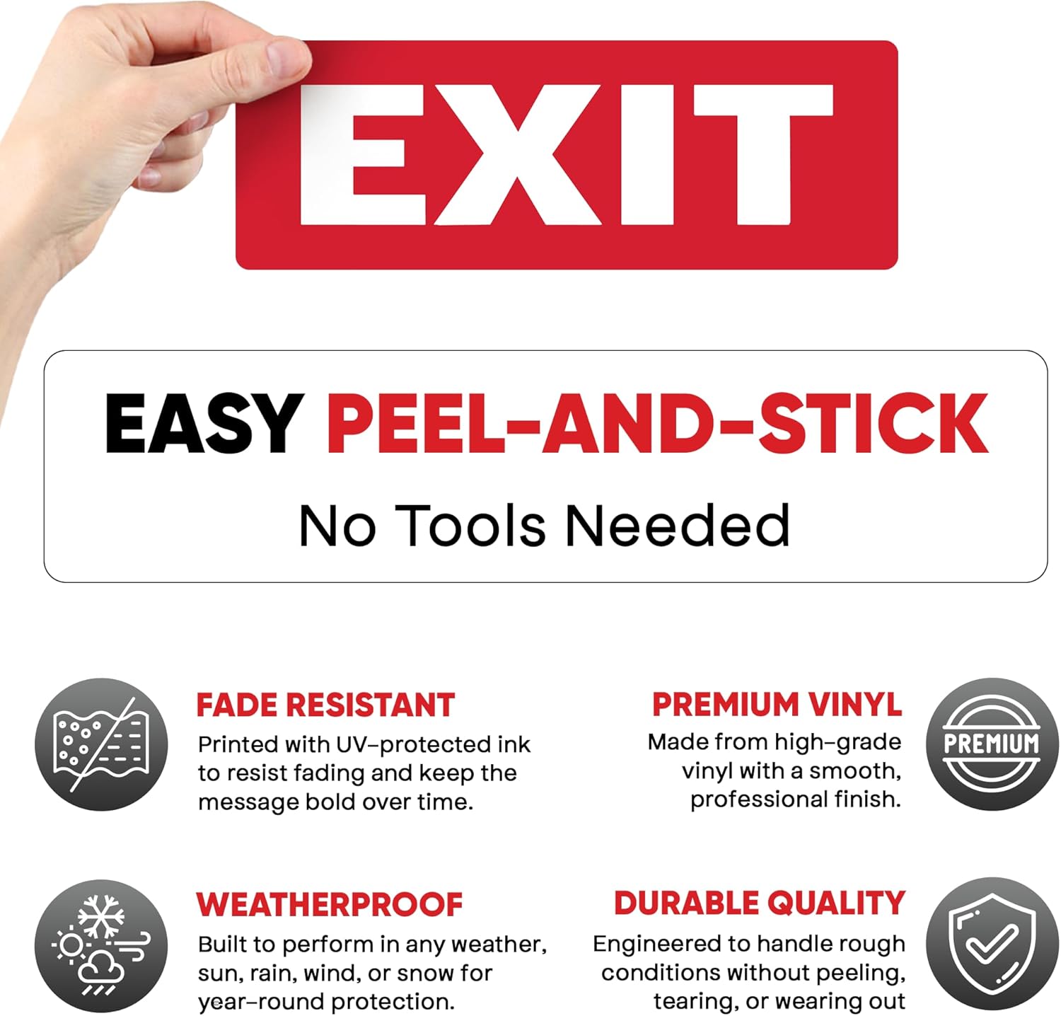 | Exit Stickers (2 Pack), Size 8.75" x 3" – Strong Adhesive, Durable, Waterproof Exit Sign Stickers for Doors and Walls – Perfect for Emergency Exit Only Signage.