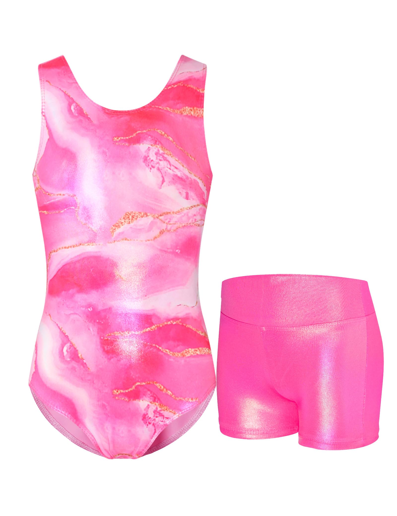 Nokecina Gymnastics Leotards for Girls Sparkly Tumbling Bodysuits with Shorts Athletic Activewear Sleeveless Dance Outfit