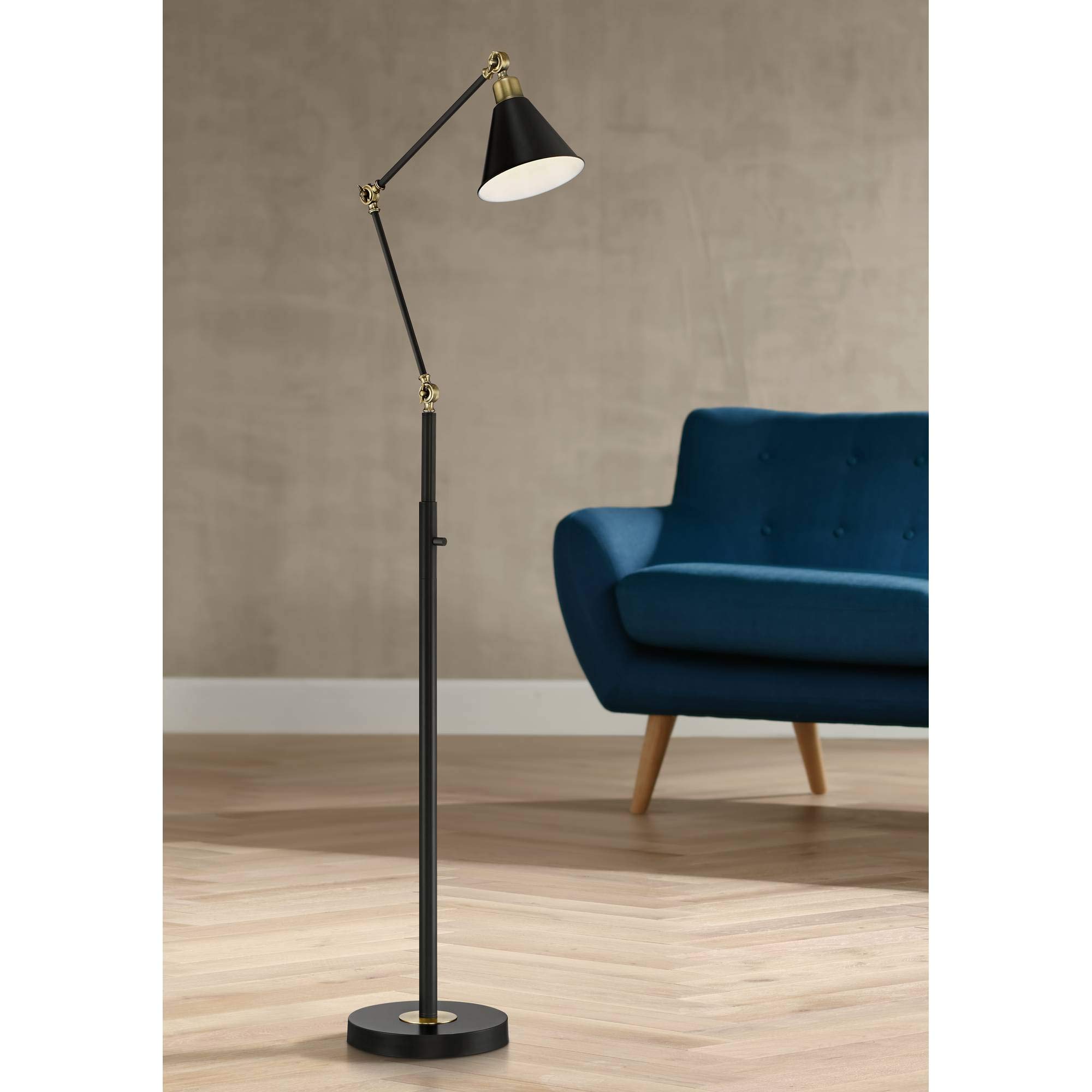 360 Lighting Wray Modern Mid Century Industrial Adjustable Floor Lamp Standing 61" Tall Flat Black Warm Antique Brass Metal Swivel Cone Shade for Living Room Reading House Bedroom Family