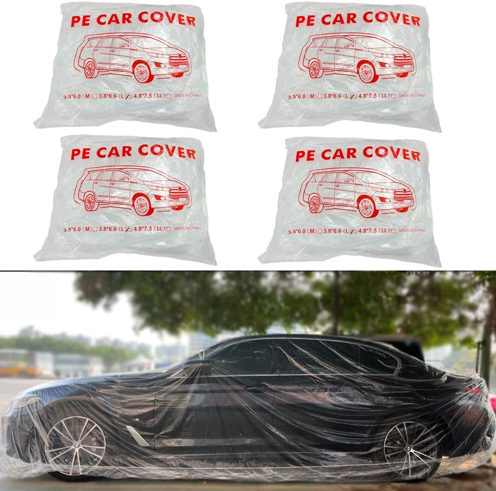 4 Packs Disposable Car Cover Clear Plastic Car Cover Universal Rain Dust Garage Cover with Elastic Band Large (12.4 FT x 21.6 FT)