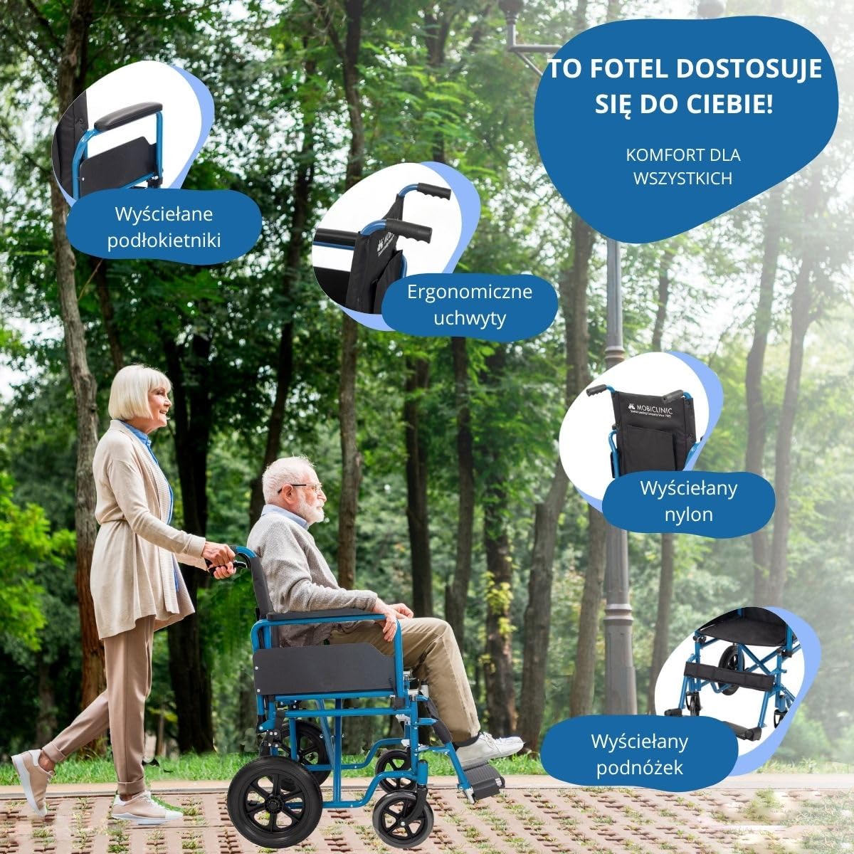 Mobiclinic®, Składany wózek inwalidzki, Marsella, Kółka z możliwością szybkiego zwolnienia po naciśęciu przycisku, Stabilny, Siedzisko 46 cm, Dźwignia hamulca, Niebieski