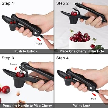 Cherry Pitter, Heavy-Duty Olive and Cherry Pitters Corer Tool with Space-Saving Lock Design, Multi-Function Cherries Stoner Seed Remover Tool for Making Cherry Jam (Black)